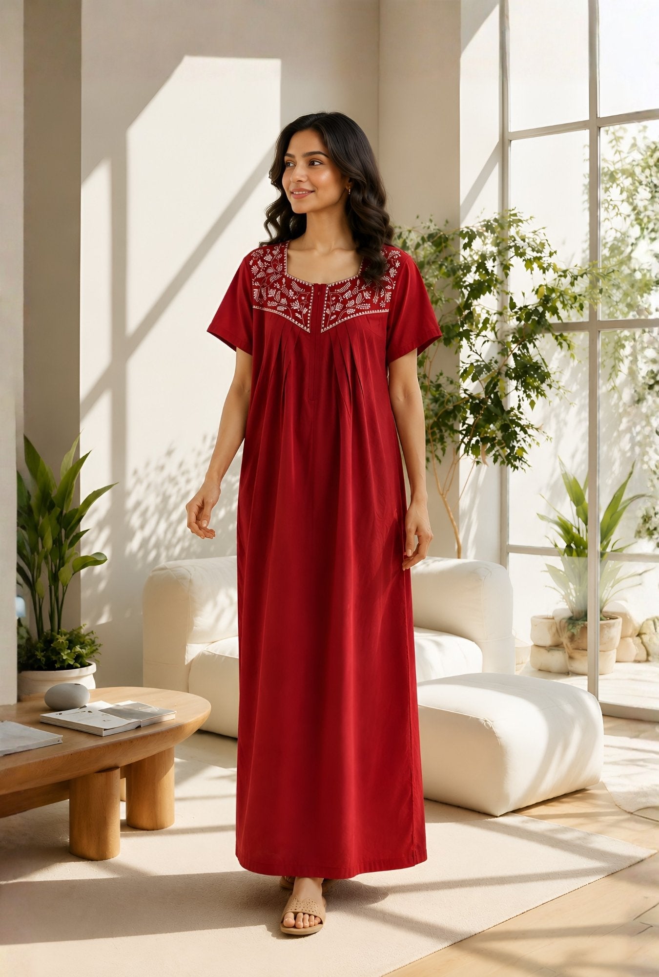 Crimson Bloom Maroon Embroidery Yoke Cotton Night Gown