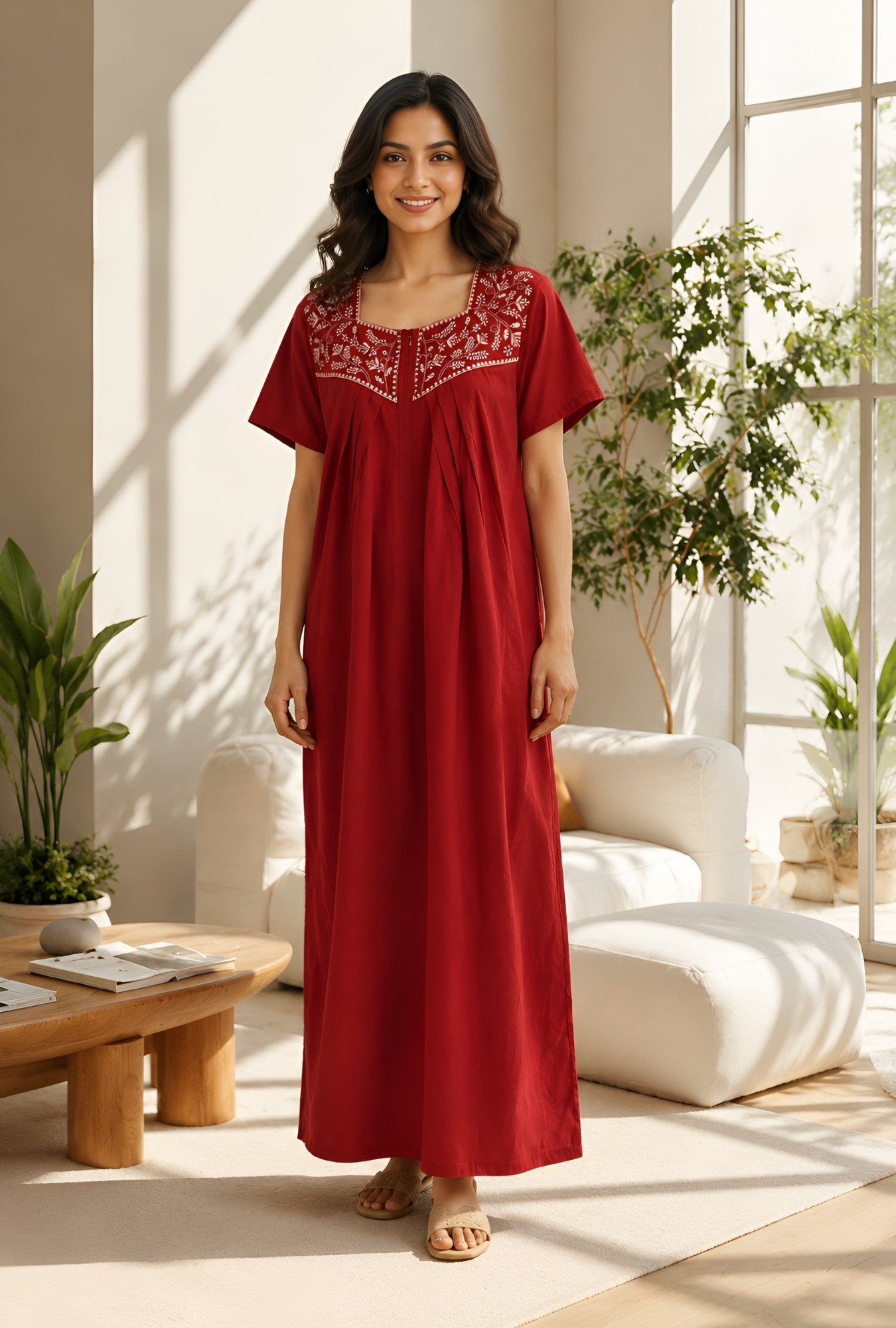 Crimson Bloom Maroon Embroidery Yoke Cotton Night Gown