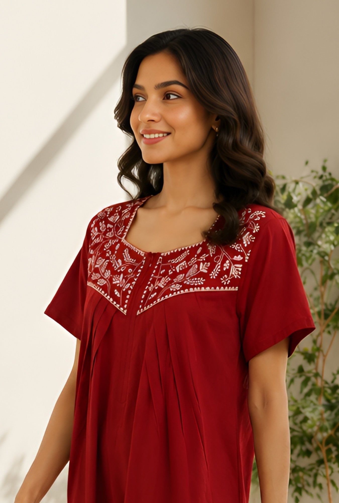 Crimson Bloom Maroon Embroidery Yoke Cotton Night Gown