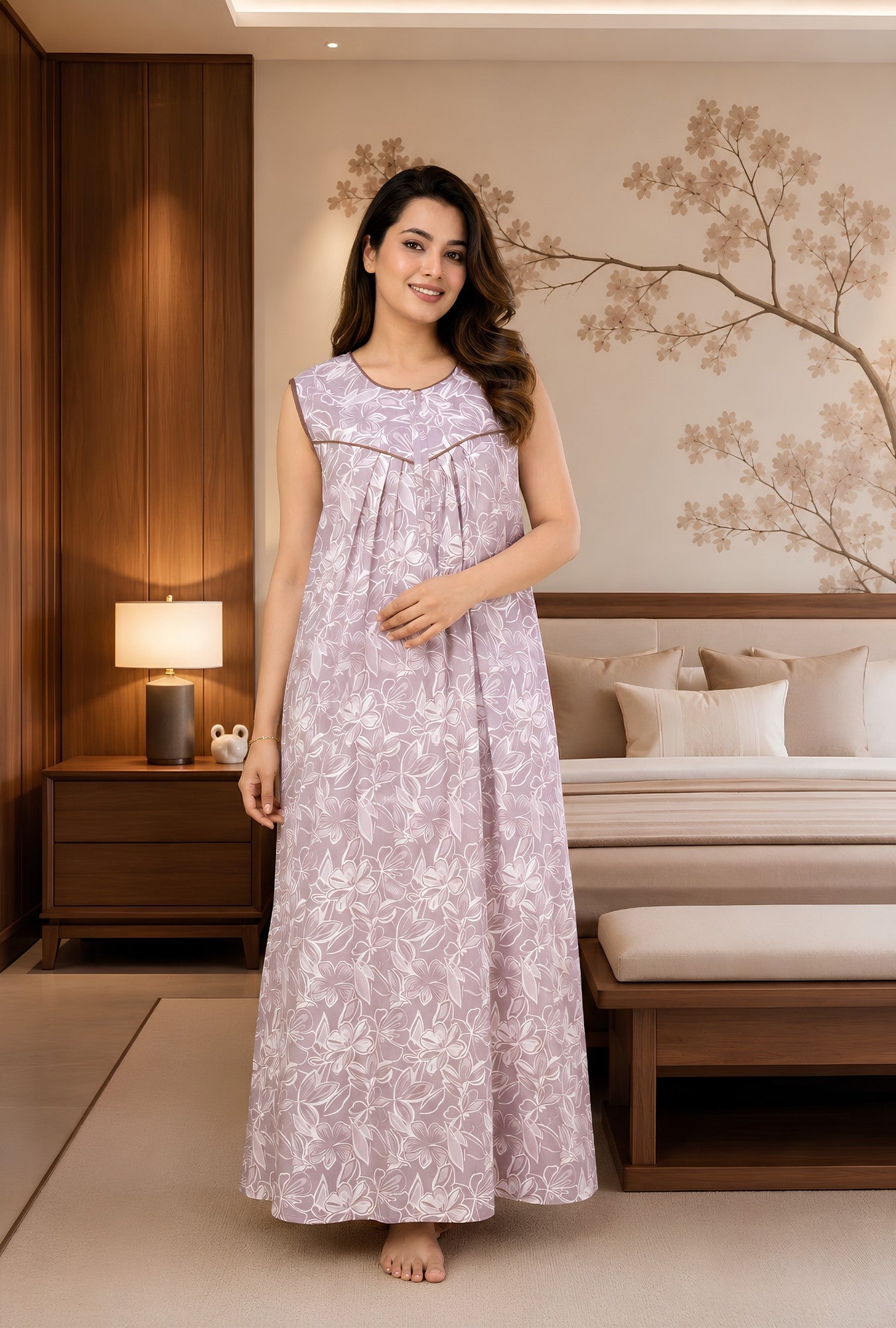 Serene Petals Dusty Rose Sleeveless Cotton Night Gown
