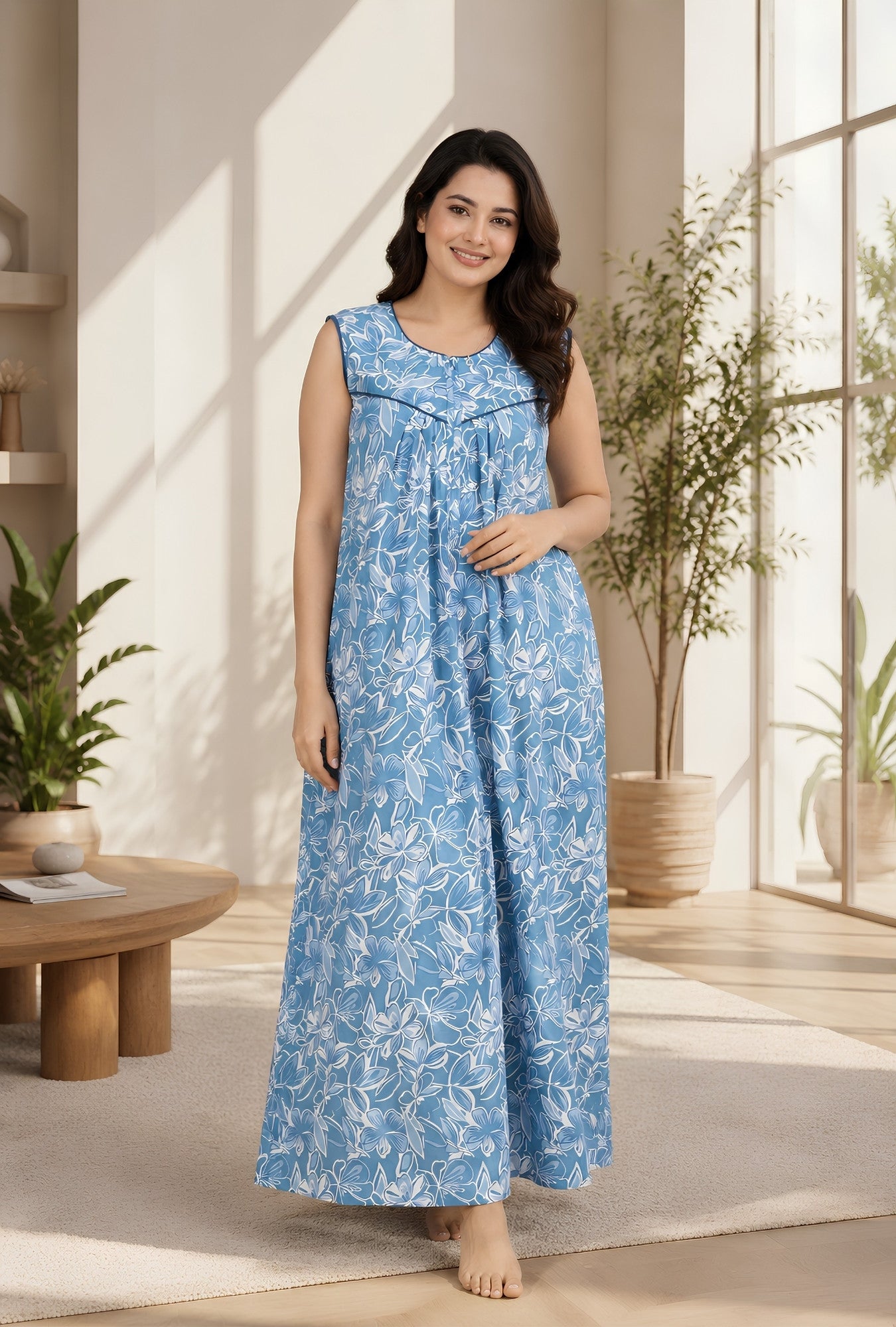 Serene Petals Sky Blue Sleeveless Cotton Night Gown