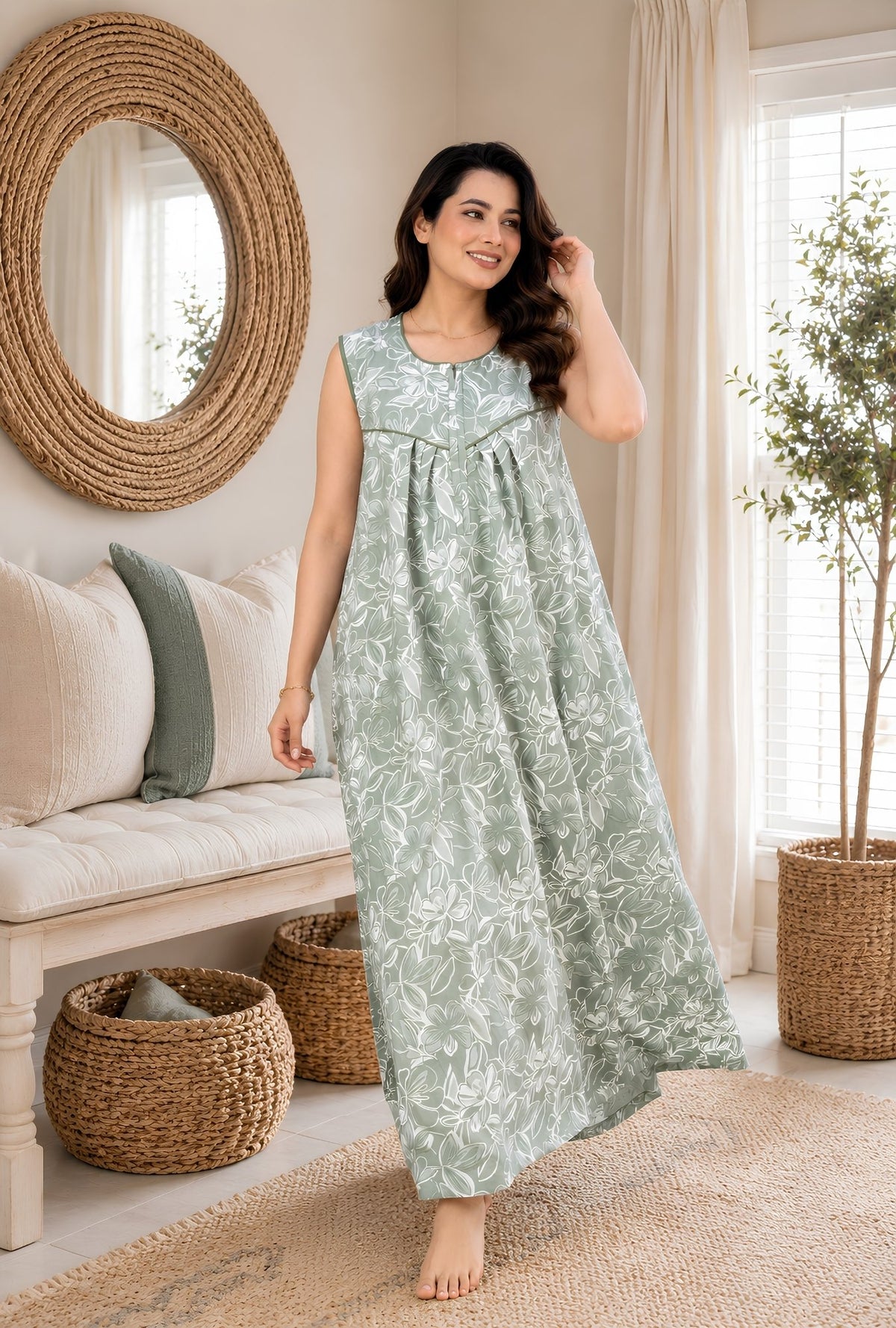 Serene Petals Sage Green Sleeveless Cotton Night Gown