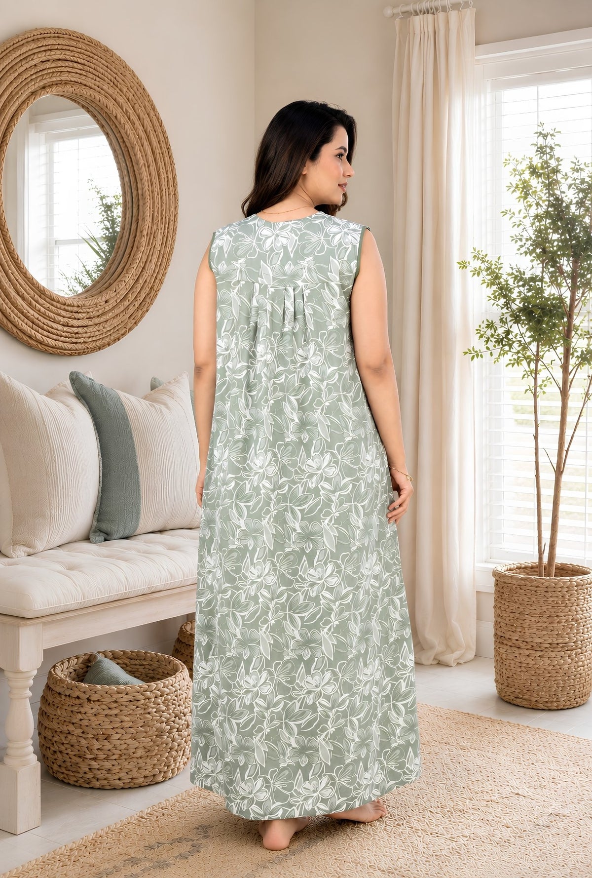 Serene Petals Sage Green Sleeveless Cotton Night Gown