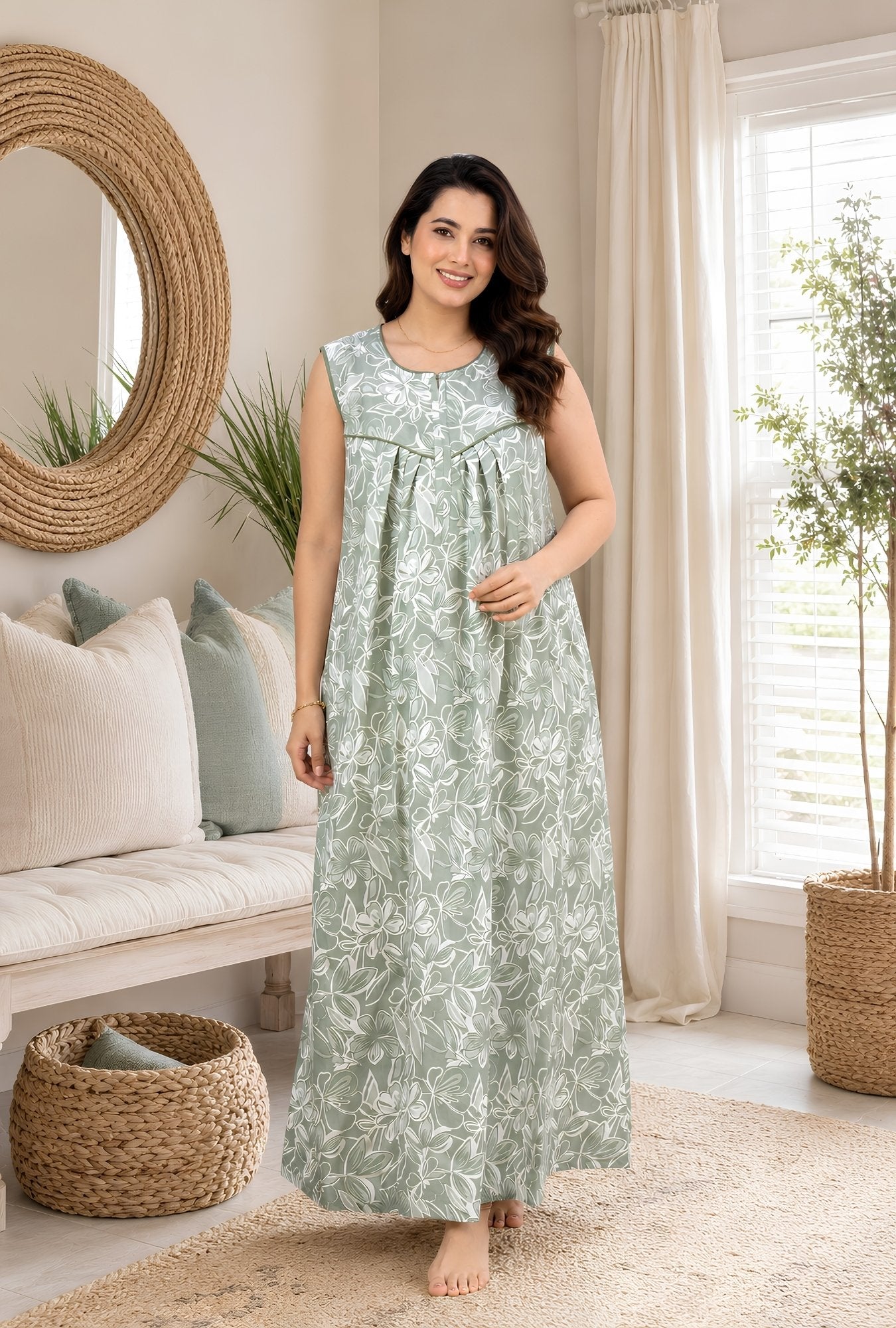 Serene Petals Sage Green Sleeveless Cotton Night Gown