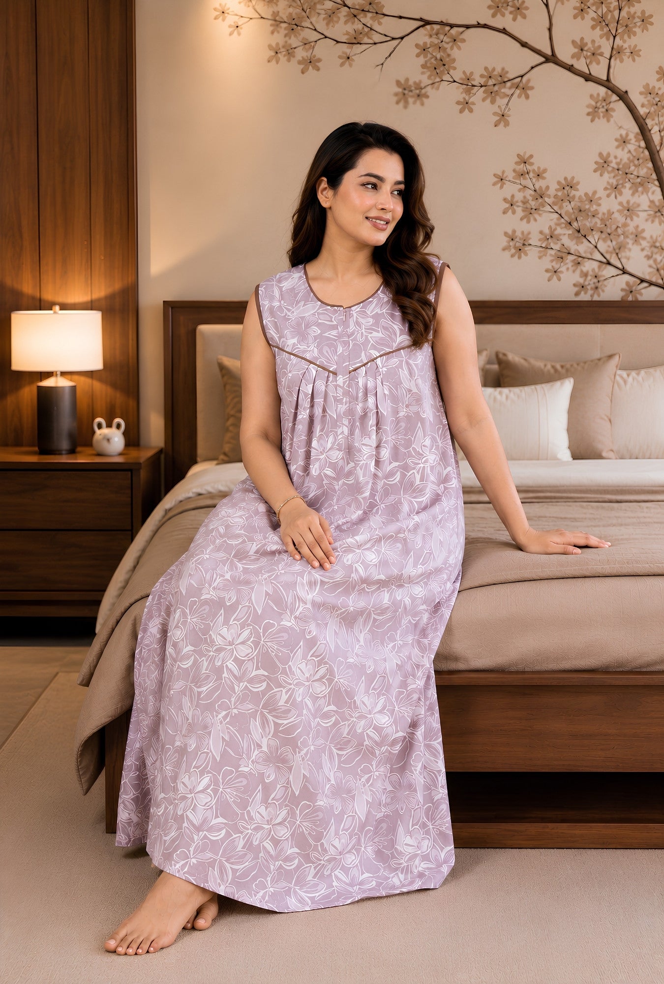 Serene Petals Dusty Rose Sleeveless Cotton Night Gown