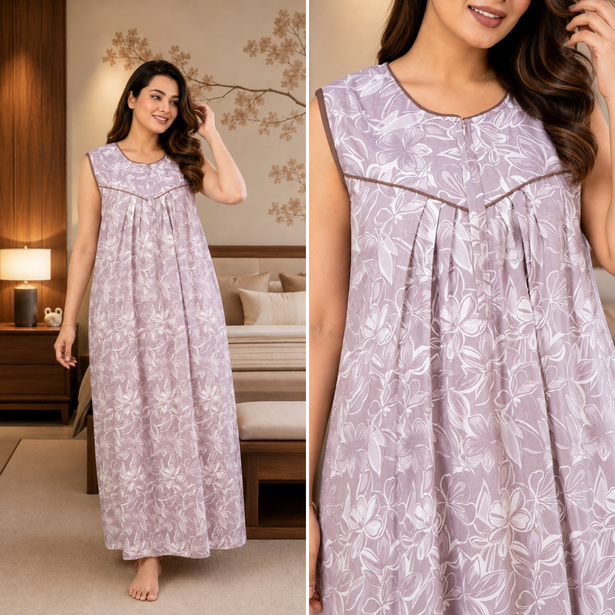 Serene Petals Dusty Rose Sleeveless Cotton Night Gown