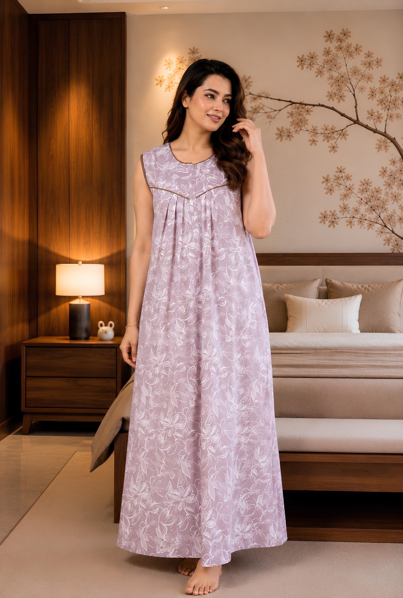 Serene Petals Dusty Rose Sleeveless Cotton Night Gown