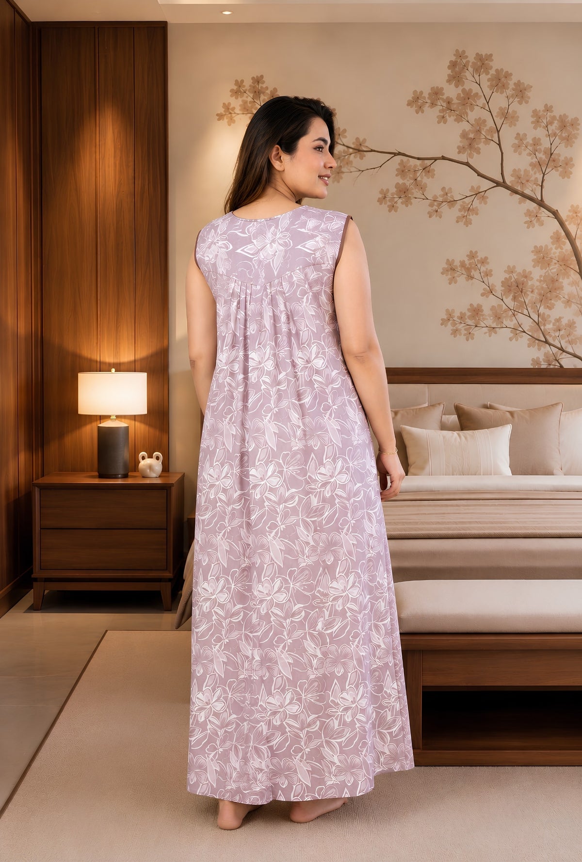 Serene Petals Dusty Rose Sleeveless Cotton Night Gown