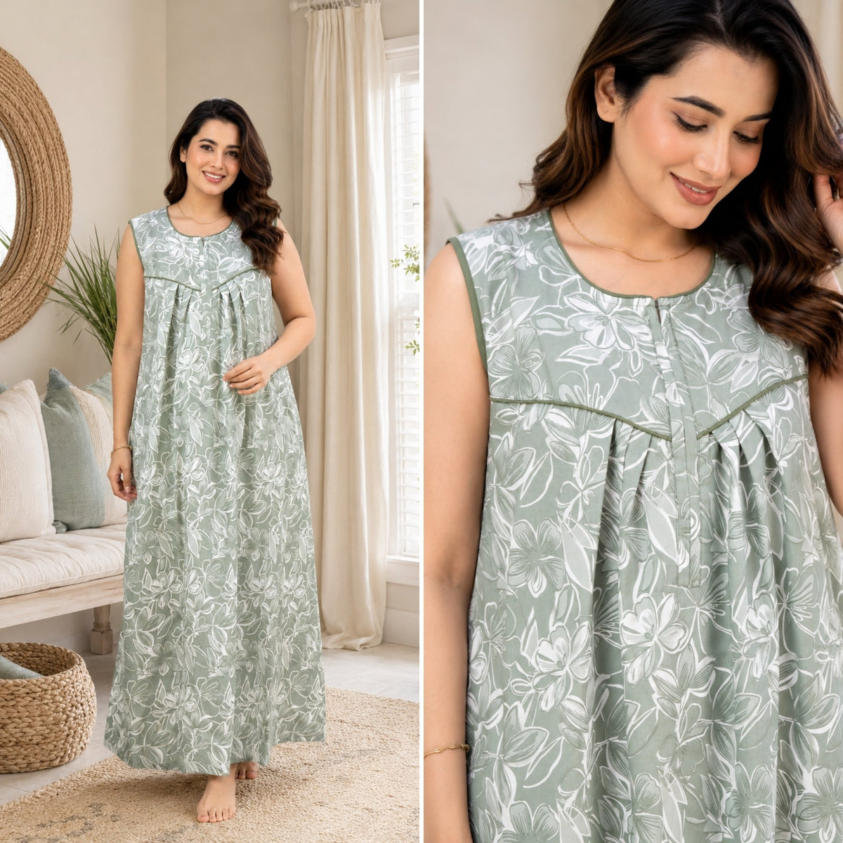 Serene Petals Sage Green Sleeveless Cotton Night Gown