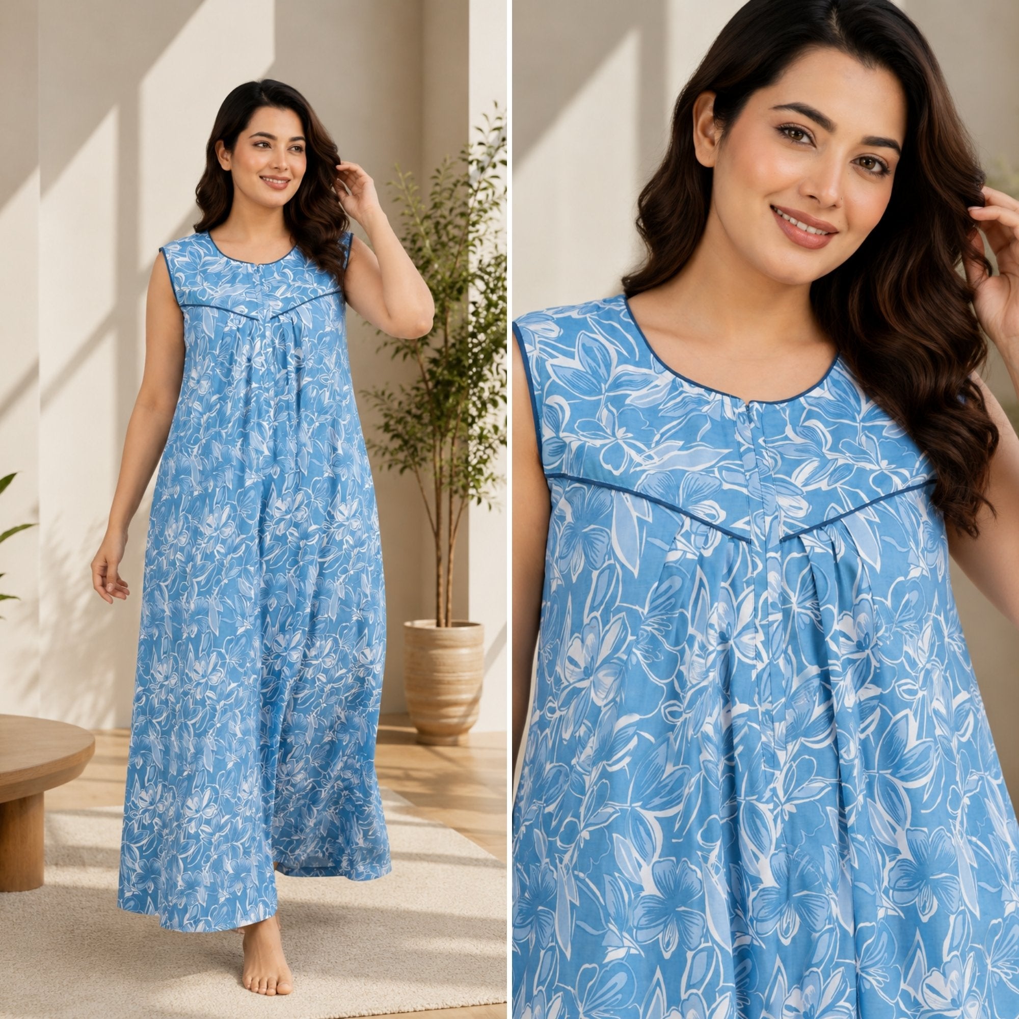 Serene Petals Sky Blue Sleeveless Cotton Night Gown