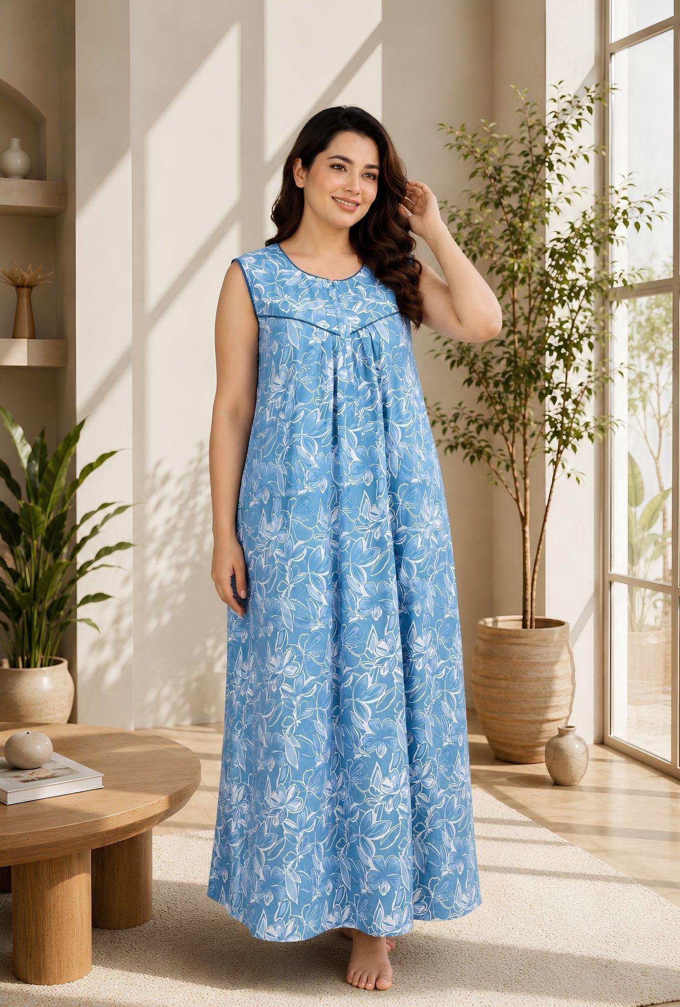 Serene Petals Sky Blue Sleeveless Cotton Night Gown