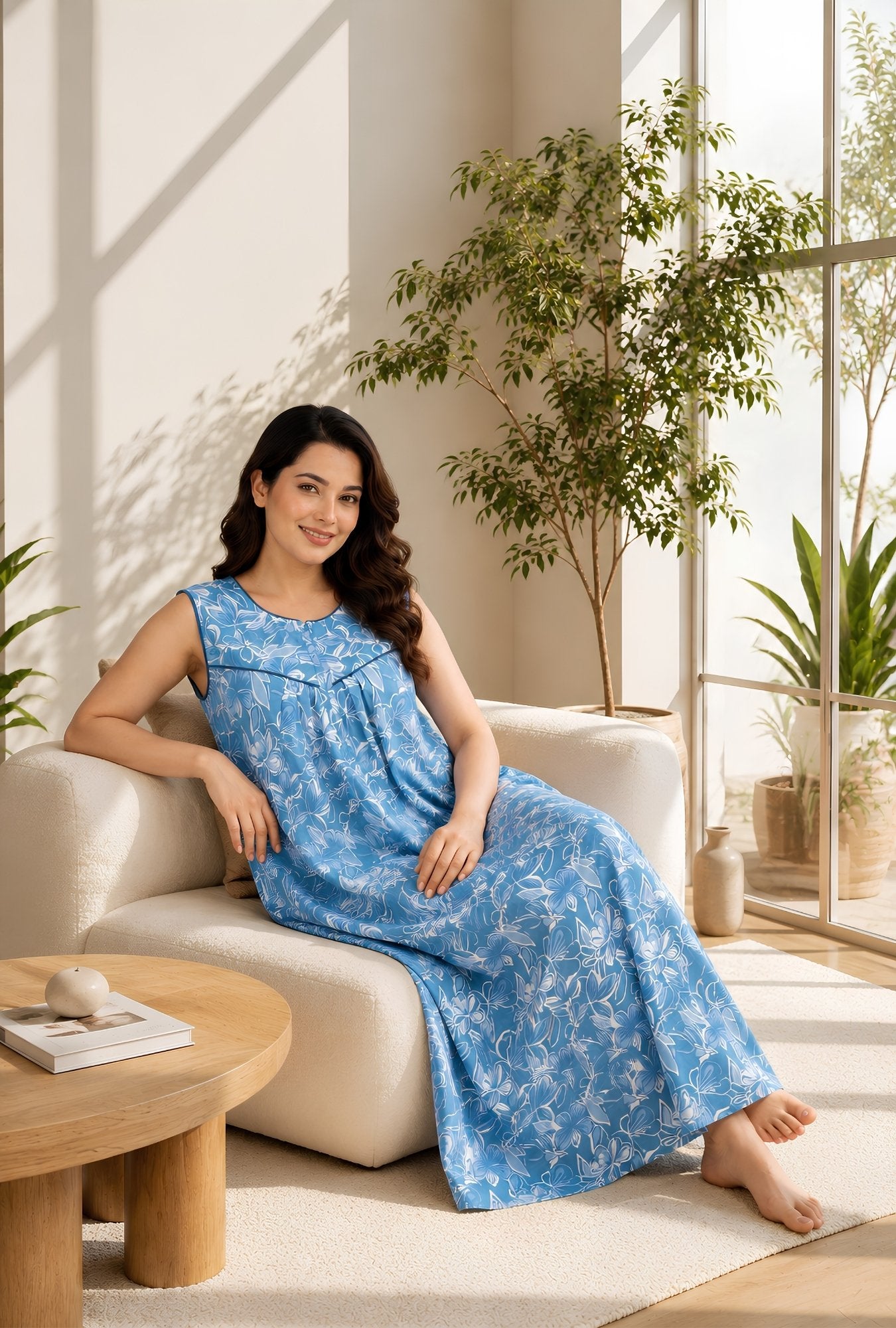 Serene Petals Sky Blue Sleeveless Cotton Night Gown