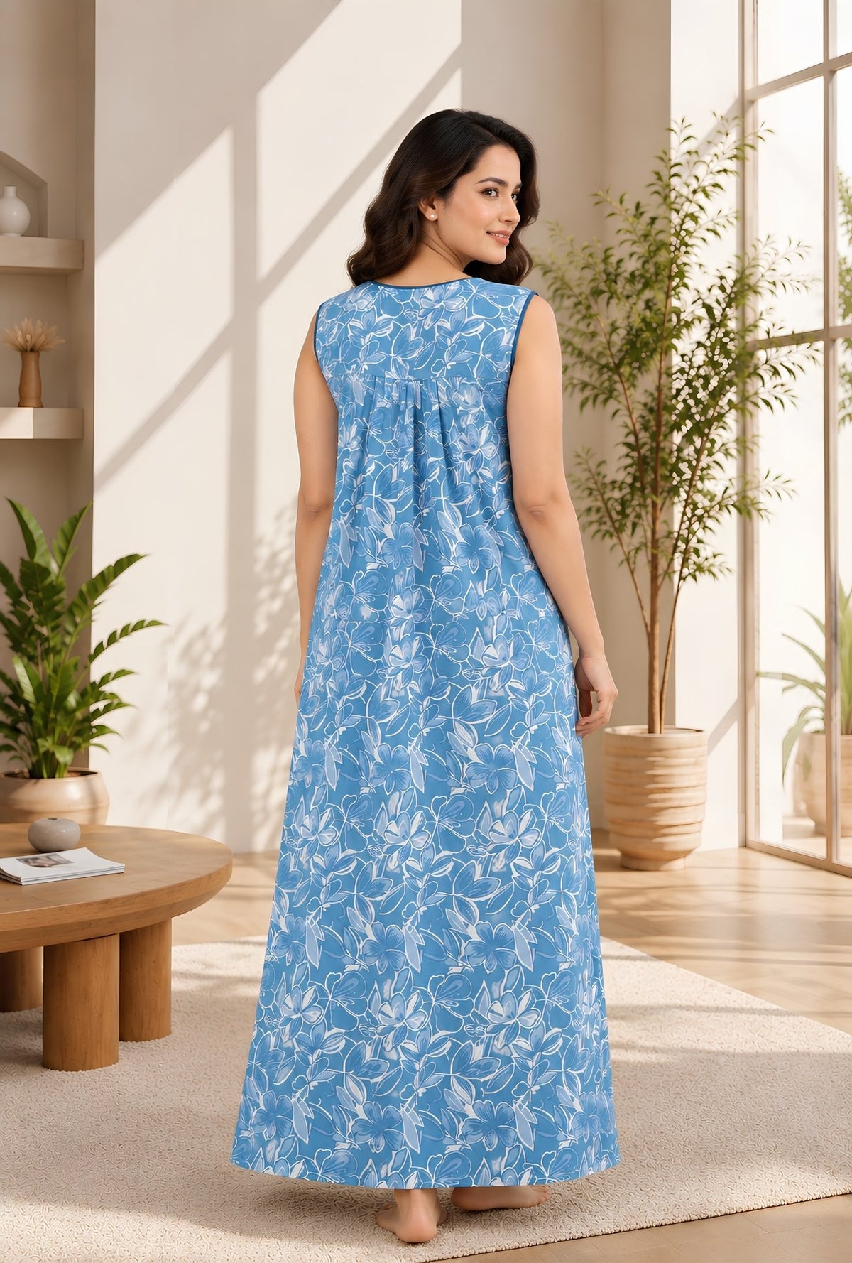 Serene Petals Sky Blue Sleeveless Cotton Night Gown