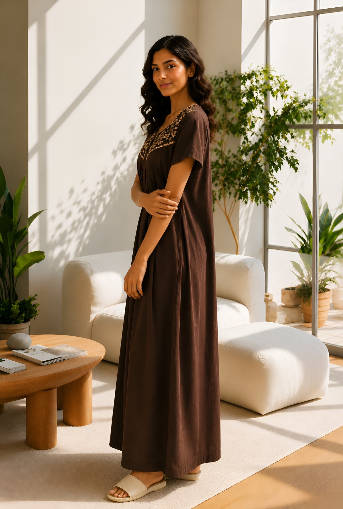 Crimson Bloom Coffee Embroidery Yoke Cotton Night Gown