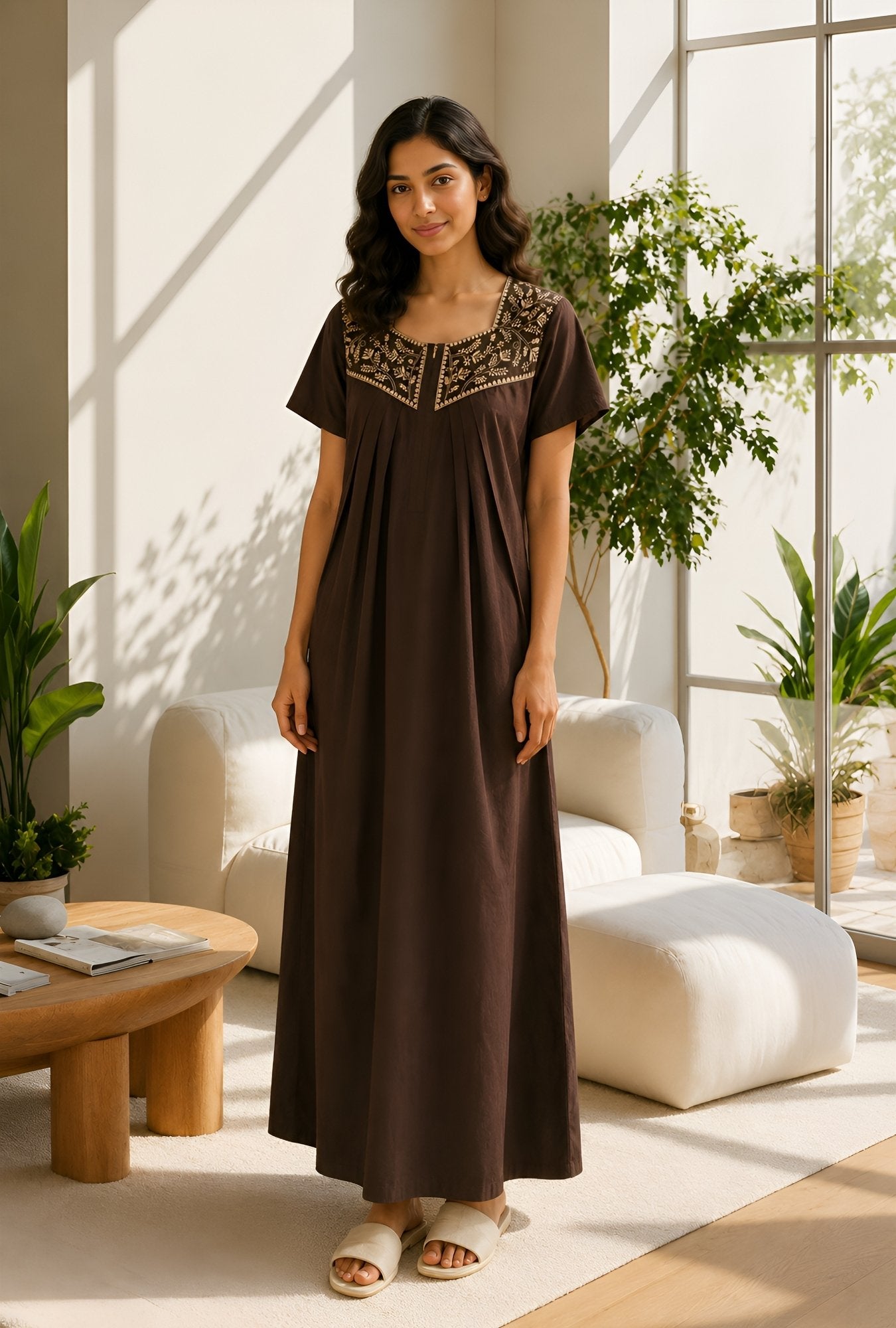 Crimson Bloom Coffee Embroidery Yoke Cotton Night Gown