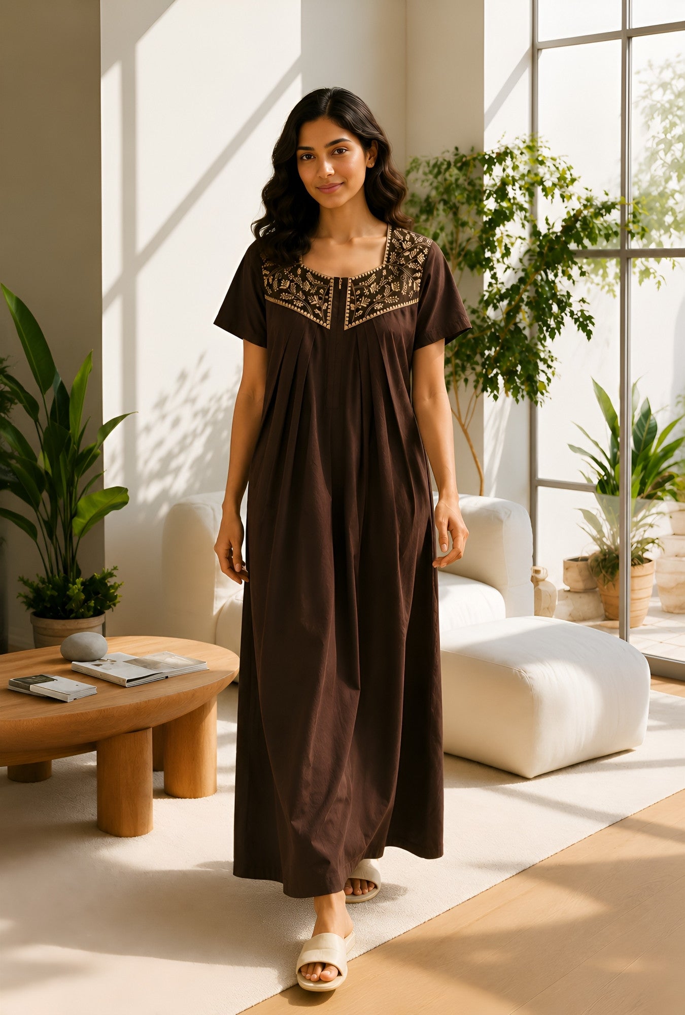 Crimson Bloom Coffee Embroidery Yoke Cotton Night Gown