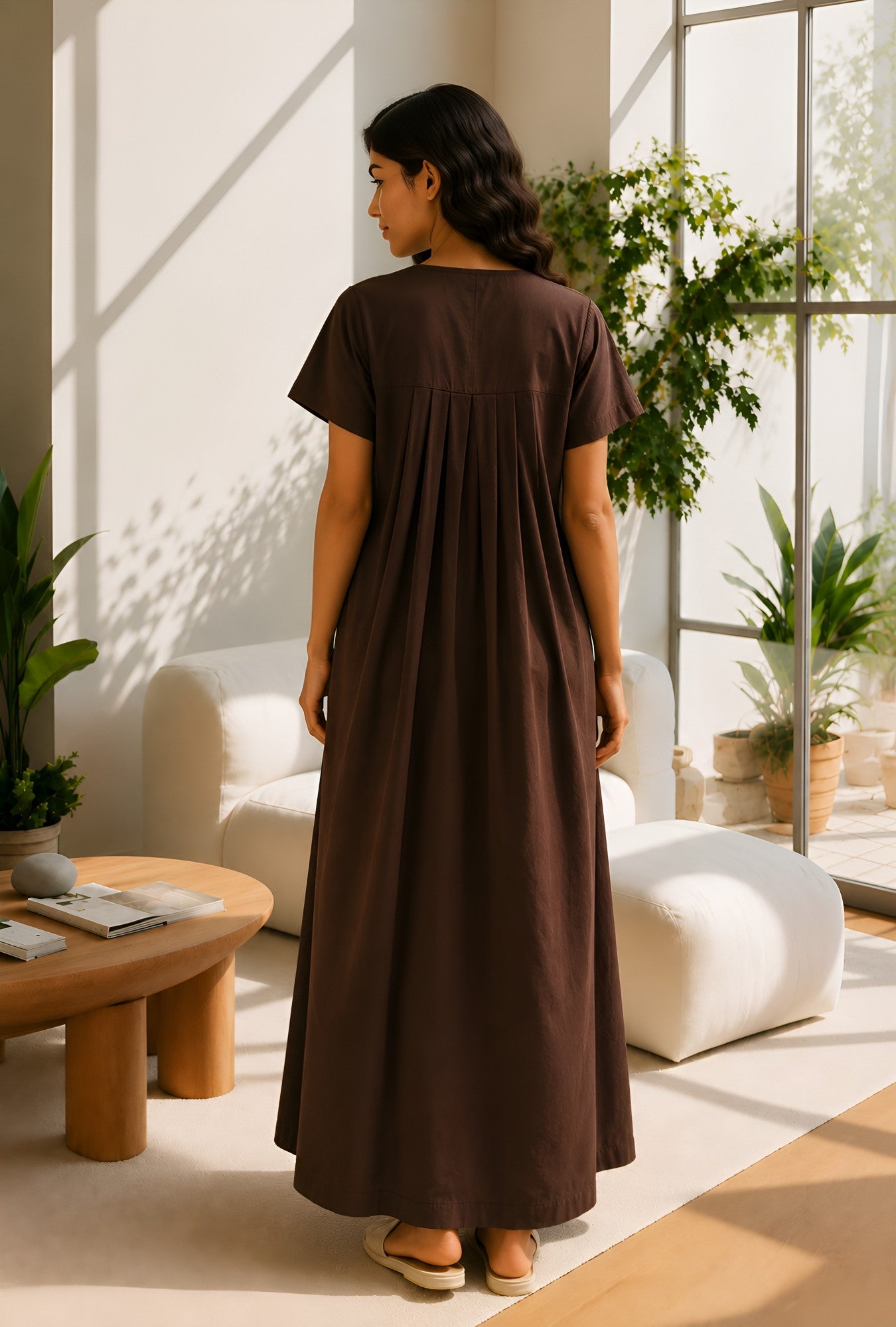 Crimson Bloom Coffee Embroidery Yoke Cotton Night Gown