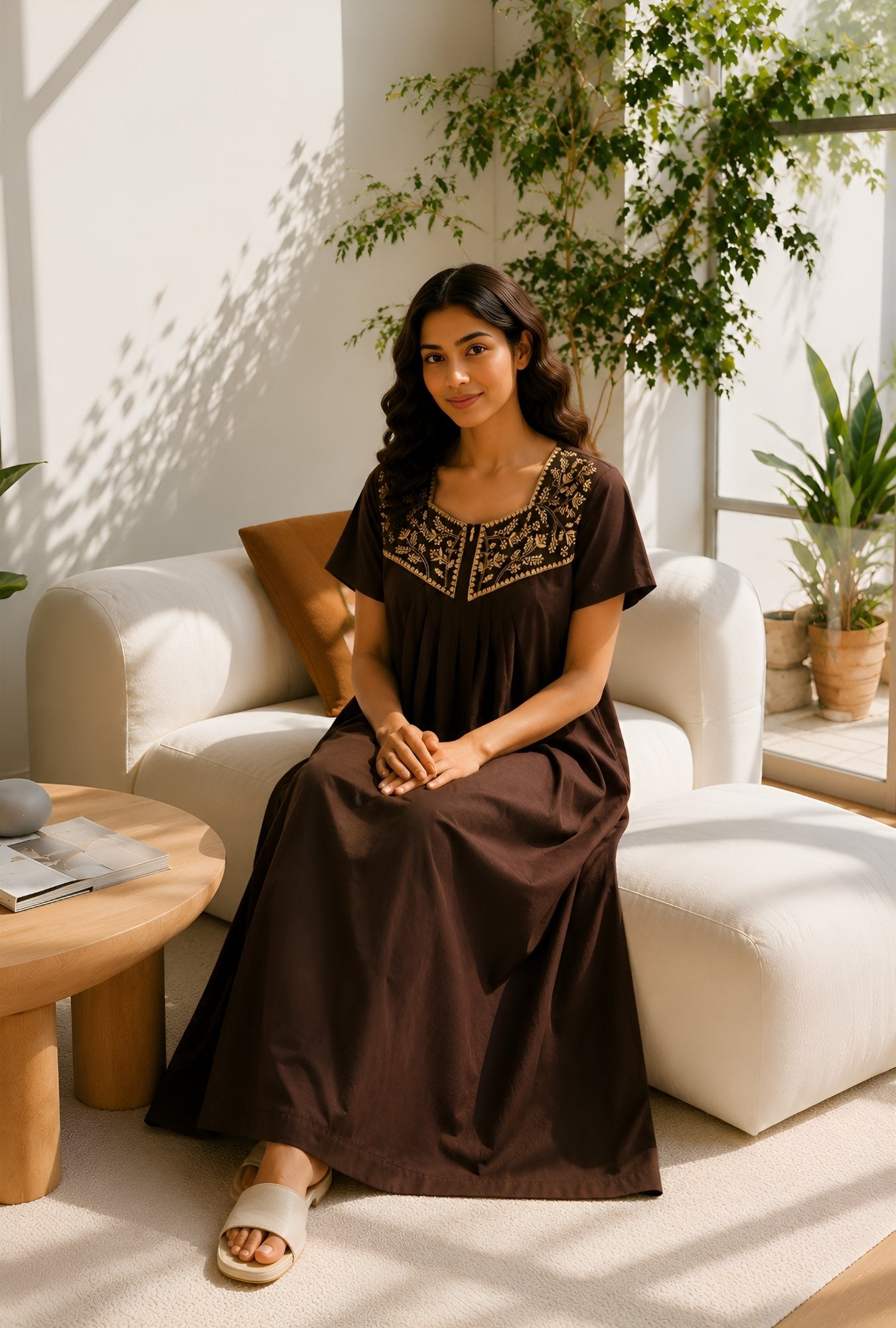 Crimson Bloom Coffee Embroidery Yoke Cotton Night Gown