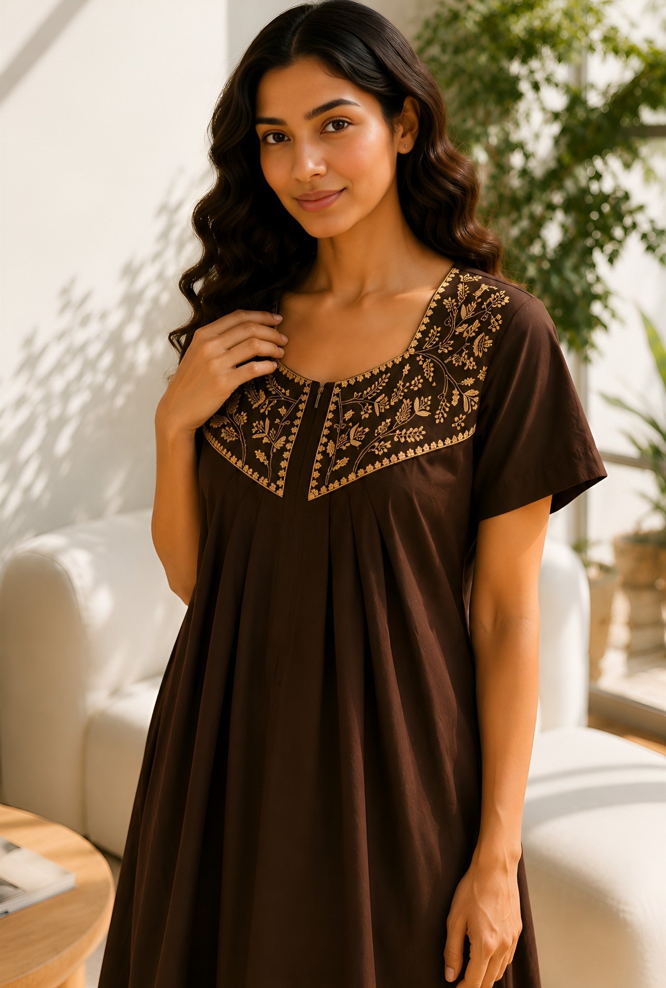 Crimson Bloom Coffee Embroidery Yoke Cotton Night Gown