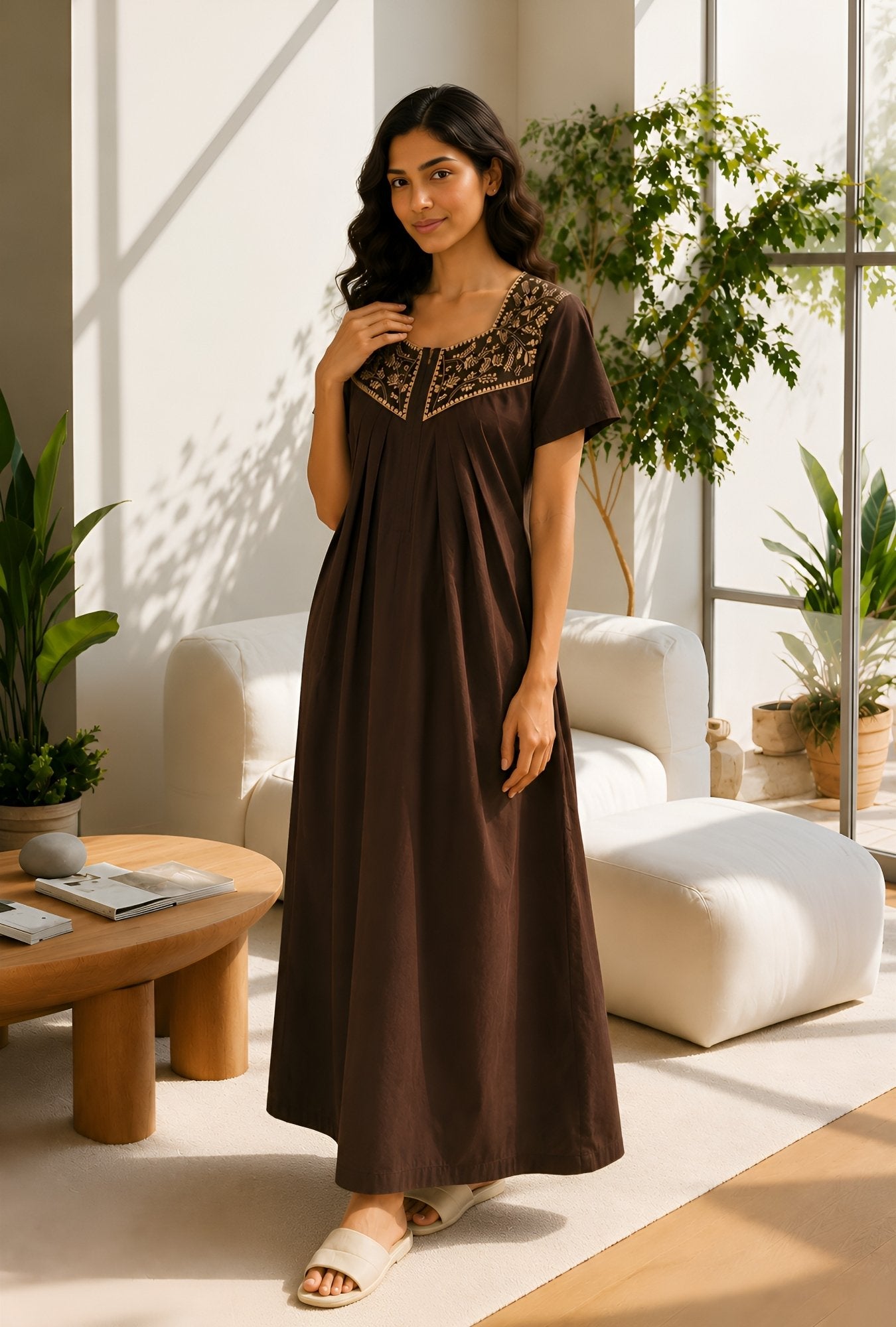 Crimson Bloom Coffee Embroidery Yoke Cotton Night Gown
