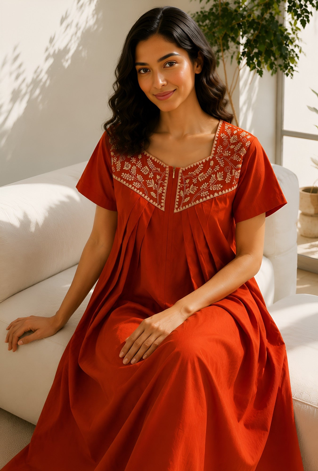 Crimson Bloom Rust Embroidery Yoke Cotton Night Gown