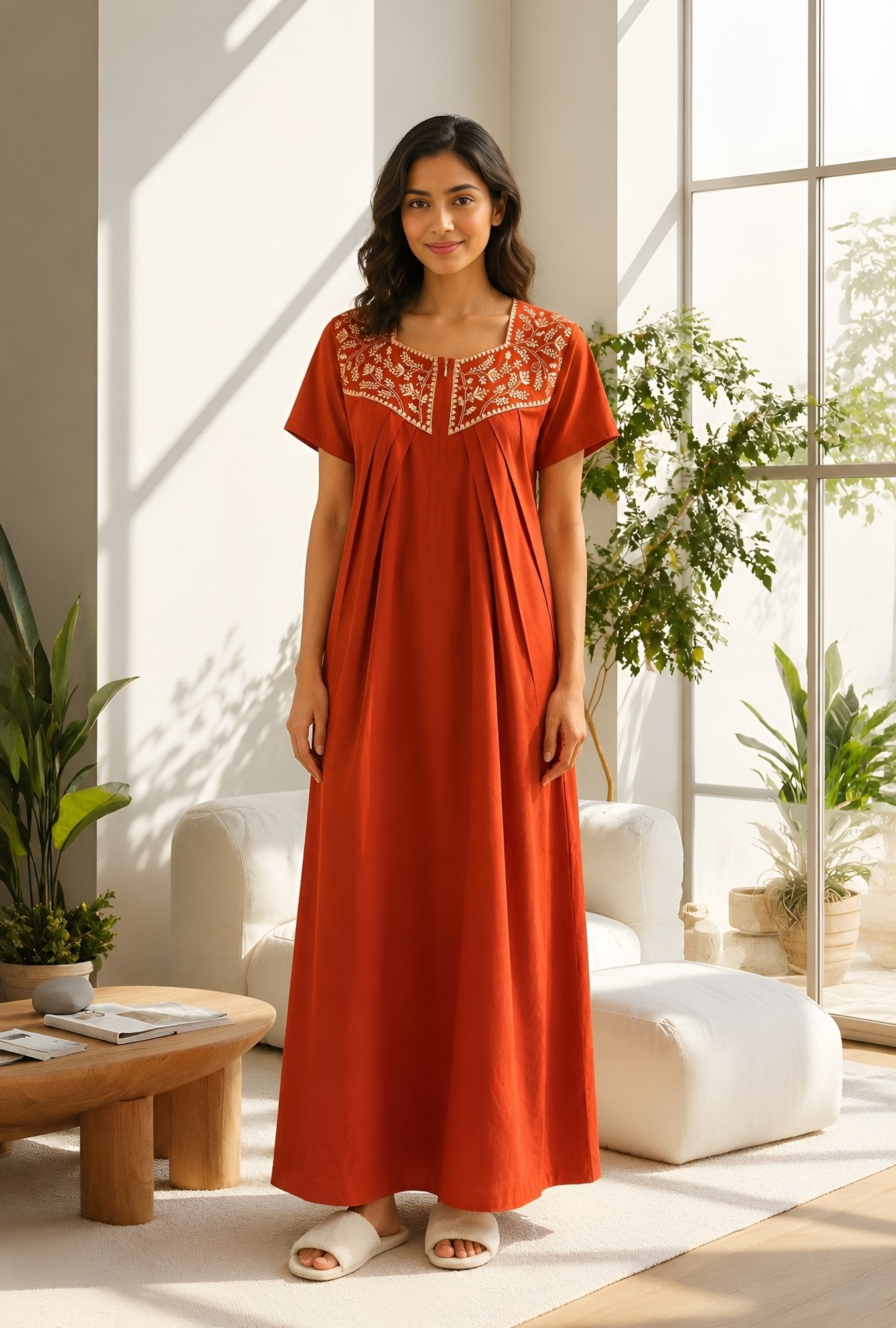 Crimson Bloom Rust Embroidery Yoke Cotton Night Gown