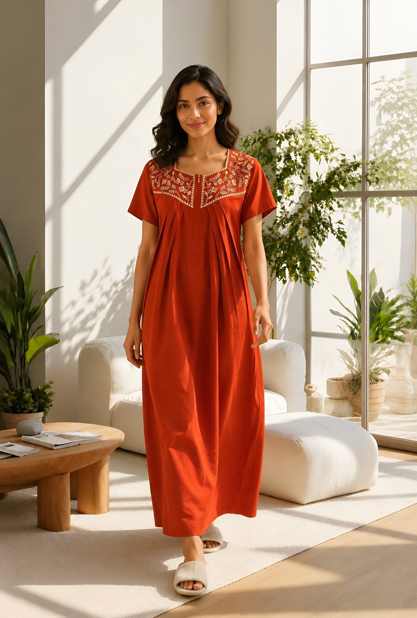 Crimson Bloom Rust Embroidery Yoke Cotton Night Gown
