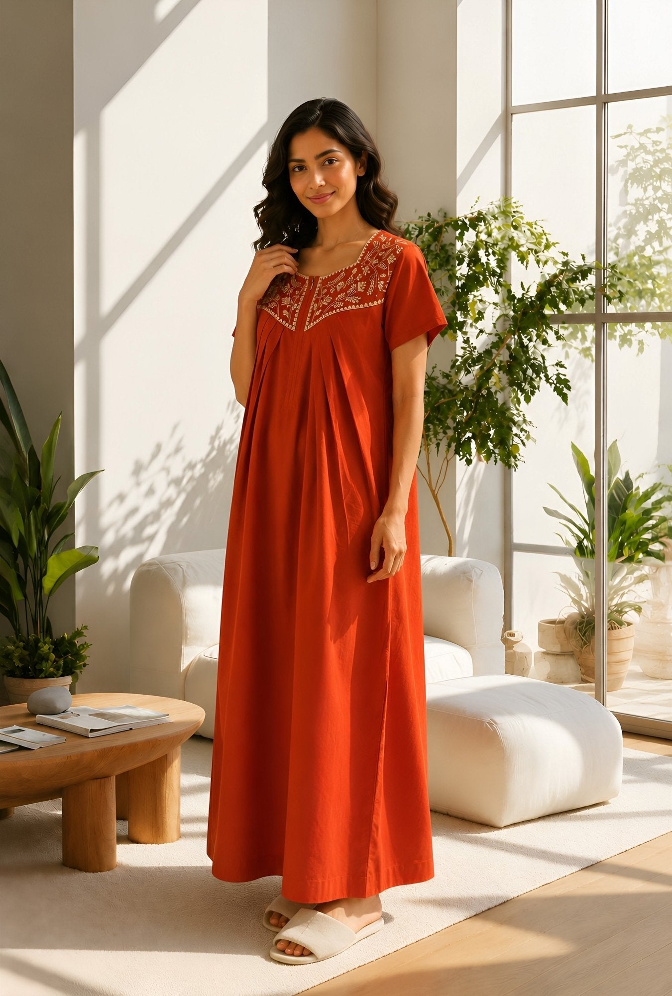 Crimson Bloom Rust Embroidery Yoke Cotton Night Gown