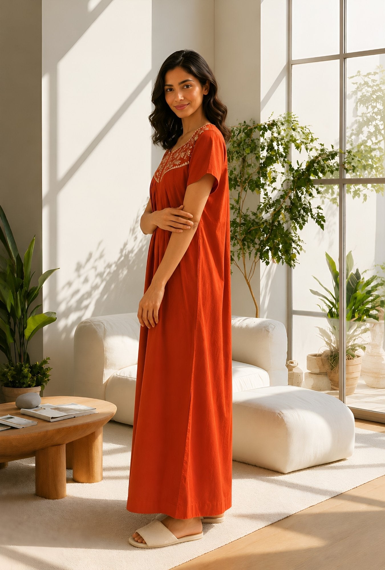 Crimson Bloom Rust Embroidery Yoke Cotton Night Gown