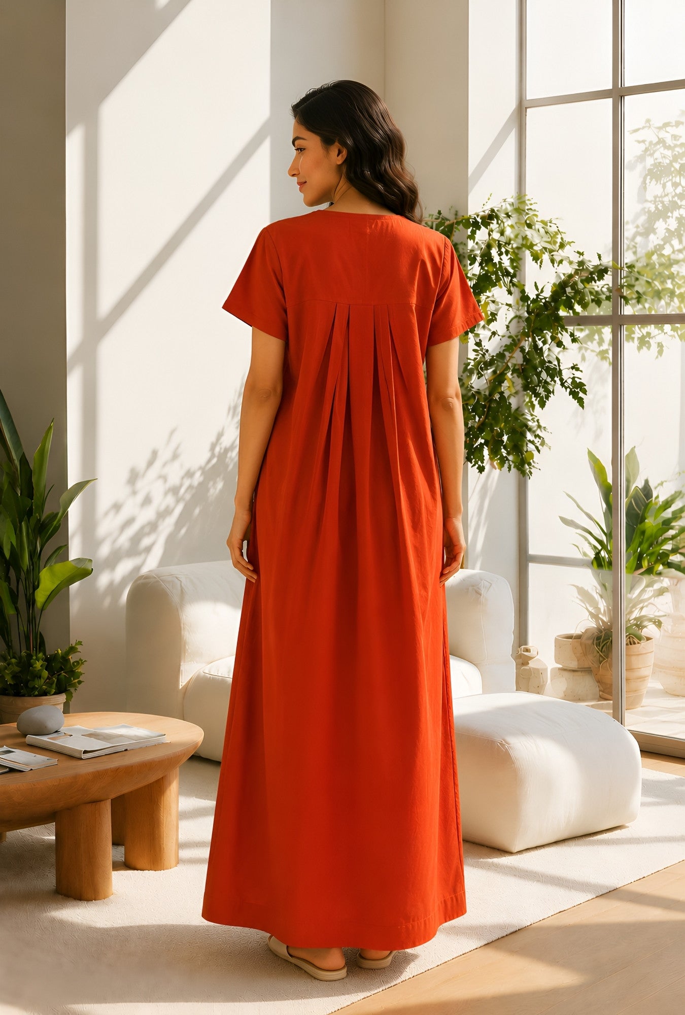 Crimson Bloom Rust Embroidery Yoke Cotton Night Gown