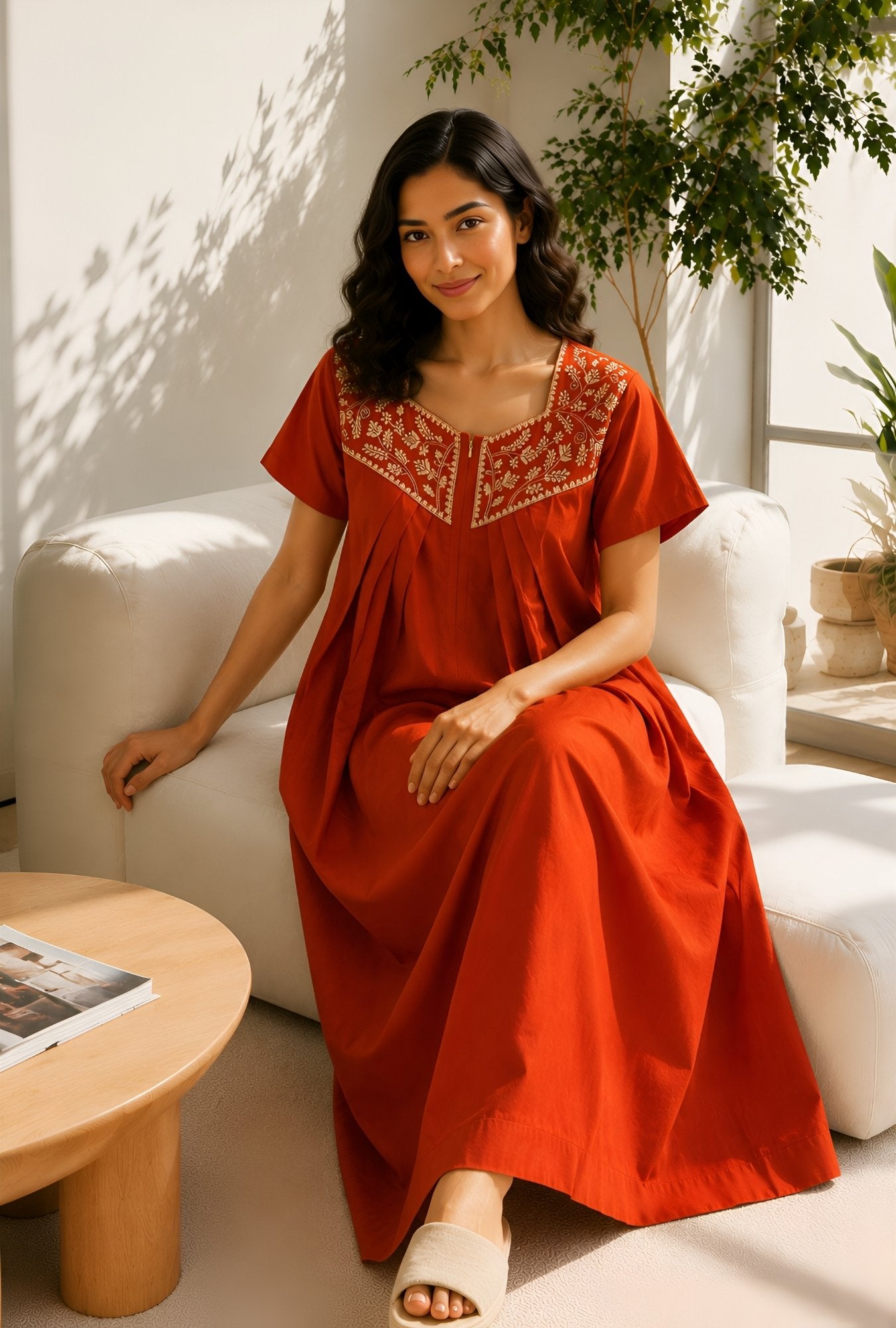 Crimson Bloom Rust Embroidery Yoke Cotton Night Gown