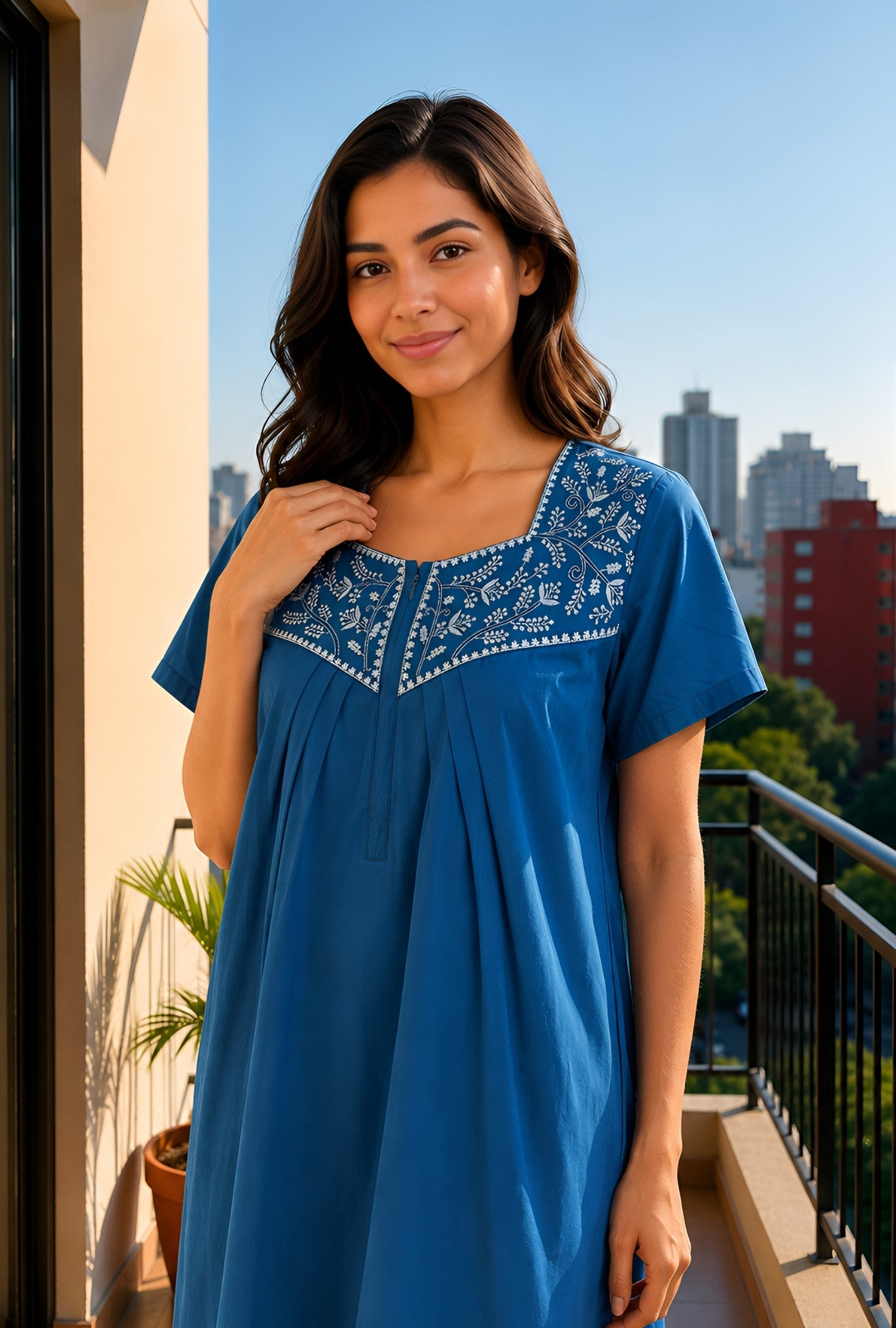 Crimson Bloom Teal Embroidery Yoke Cotton Night Gown
