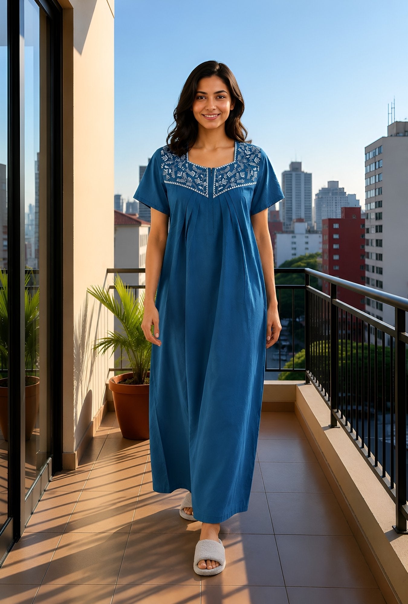 Crimson Bloom Teal Embroidery Yoke Cotton Night Gown