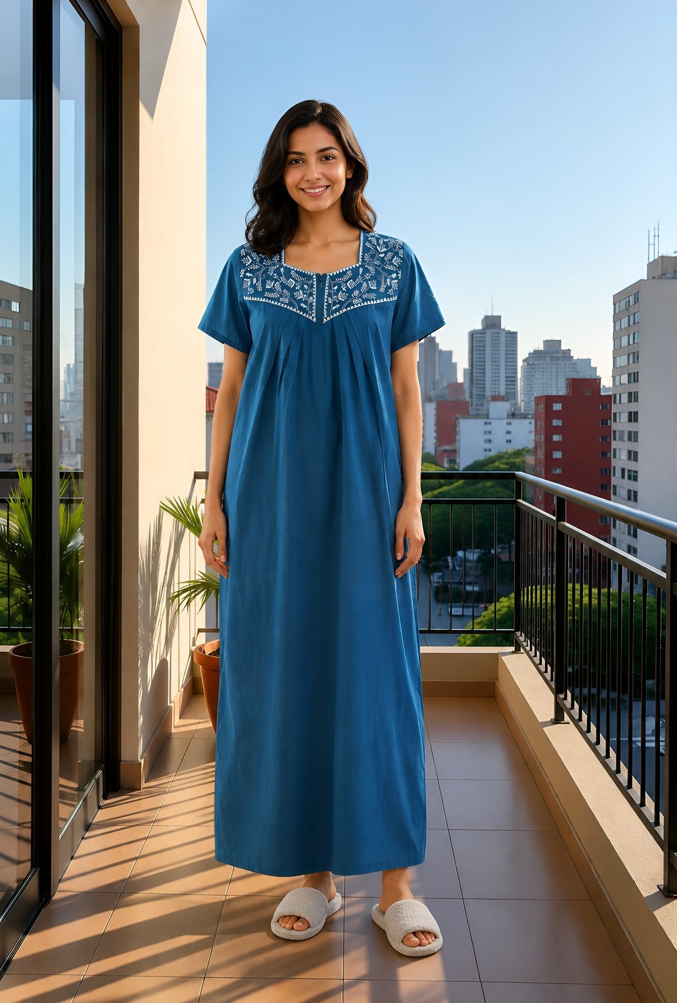 Crimson Bloom Teal Embroidery Yoke Cotton Night Gown