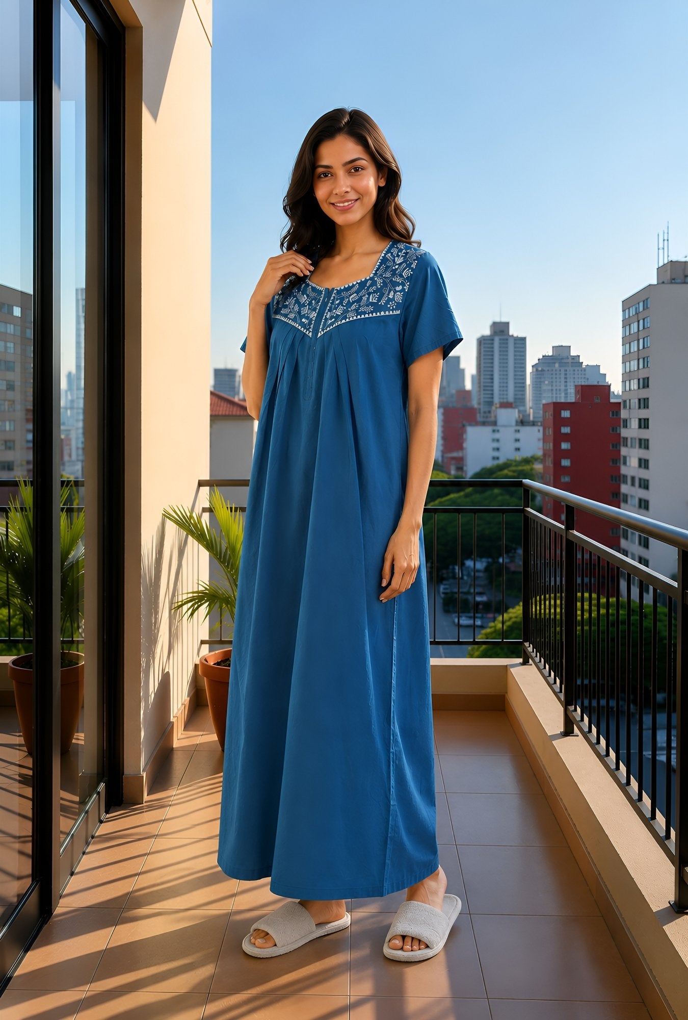 Crimson Bloom Teal Embroidery Yoke Cotton Night Gown