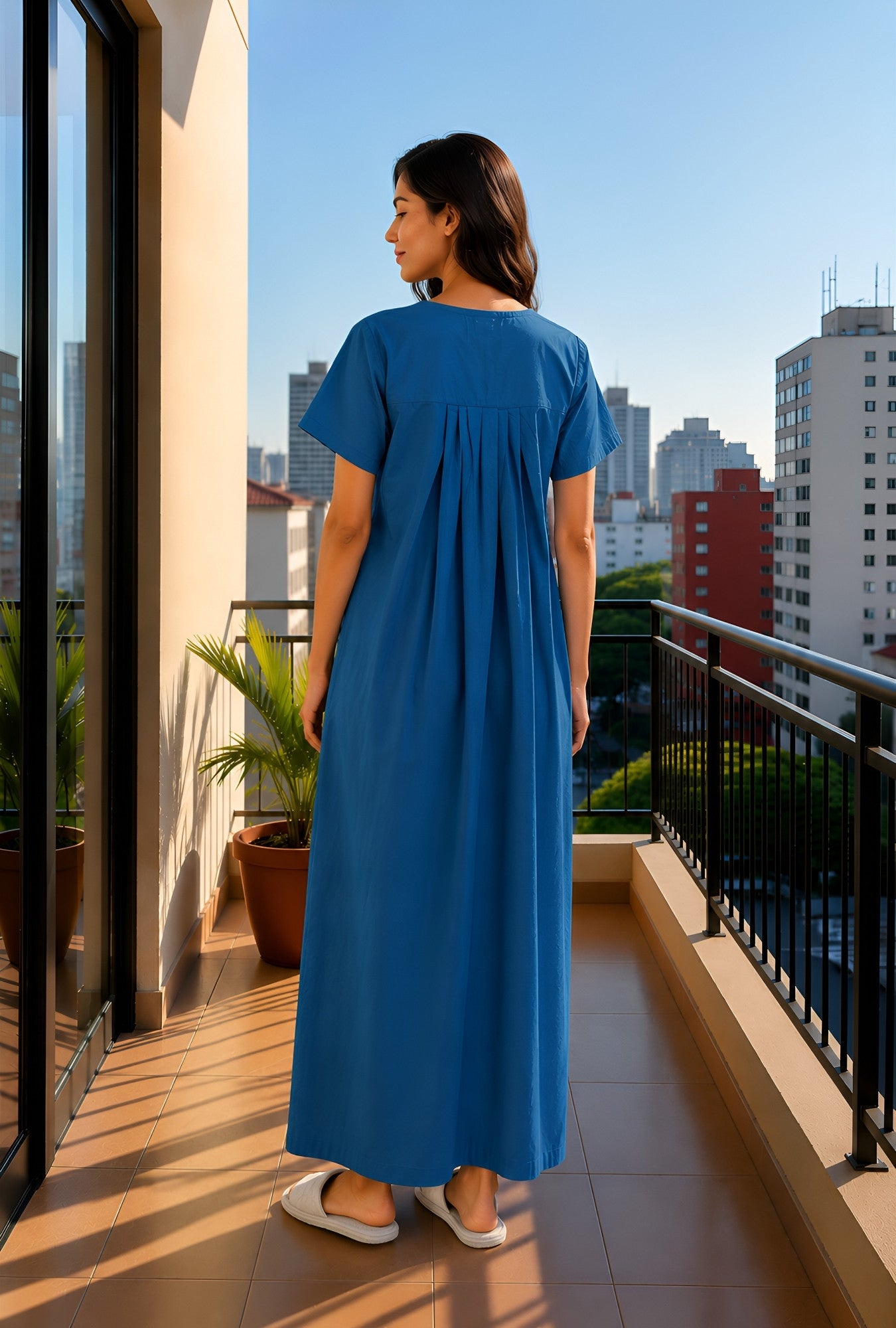 Crimson Bloom Teal Embroidery Yoke Cotton Night Gown