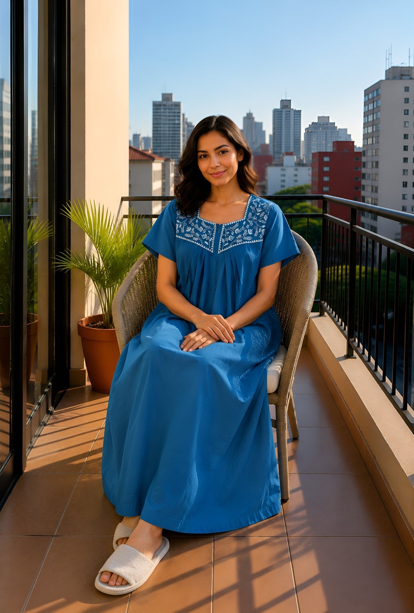 Crimson Bloom Teal Embroidery Yoke Cotton Night Gown