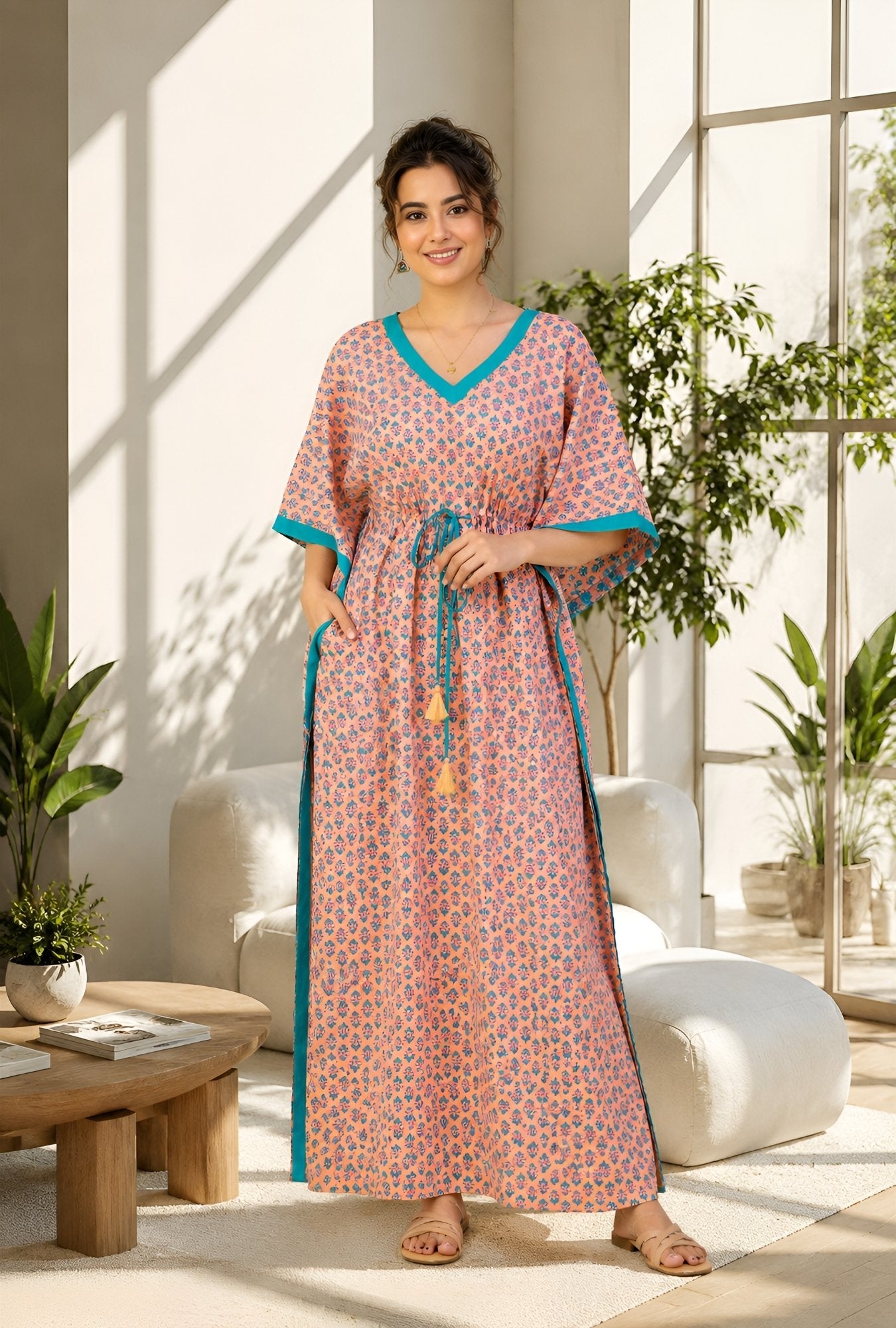 Anastya Peach Blossom Cotton Loungewear Kaftan