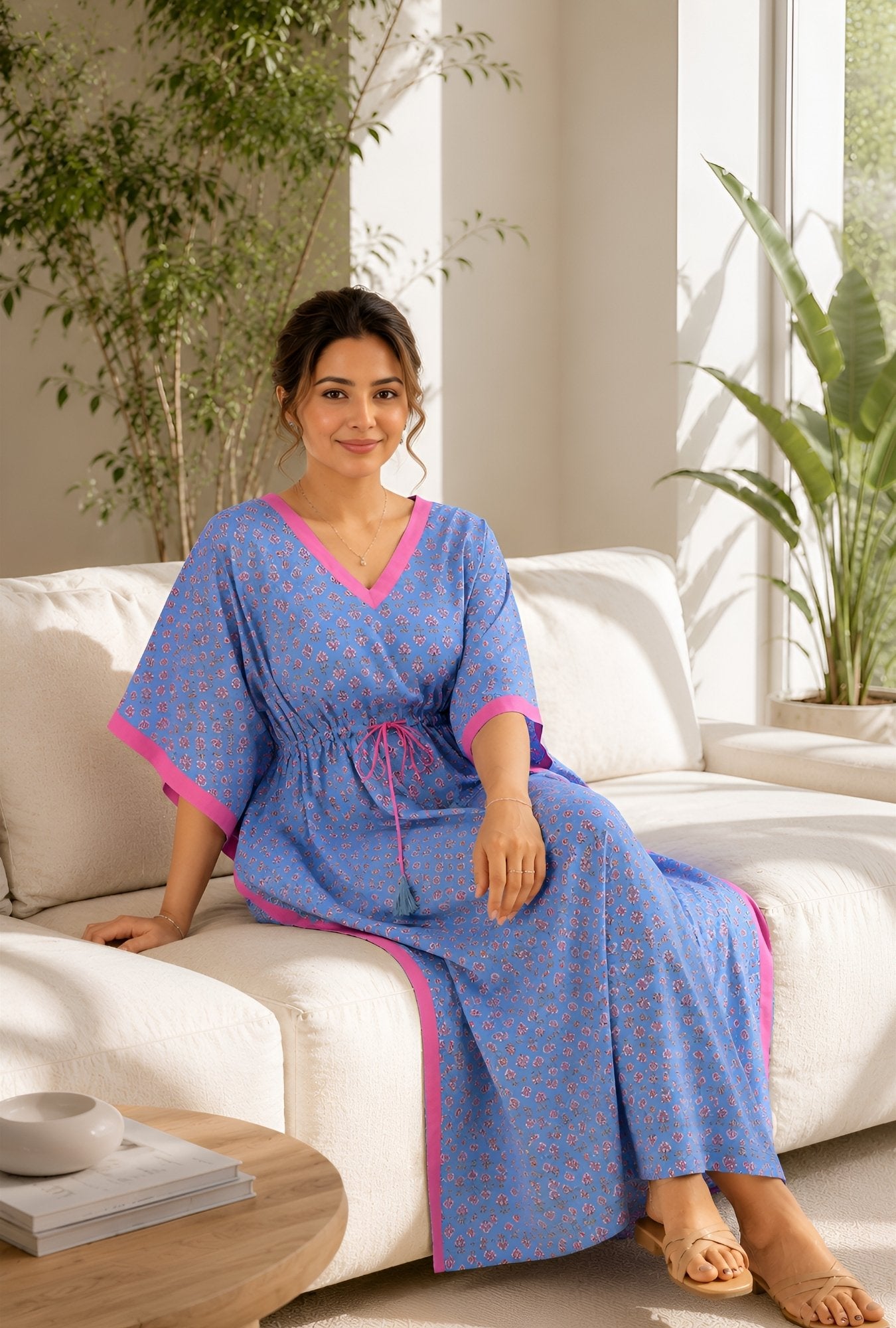 Anastya Blooming Breeze Sky Blue Cotton Loungewear Kaftan