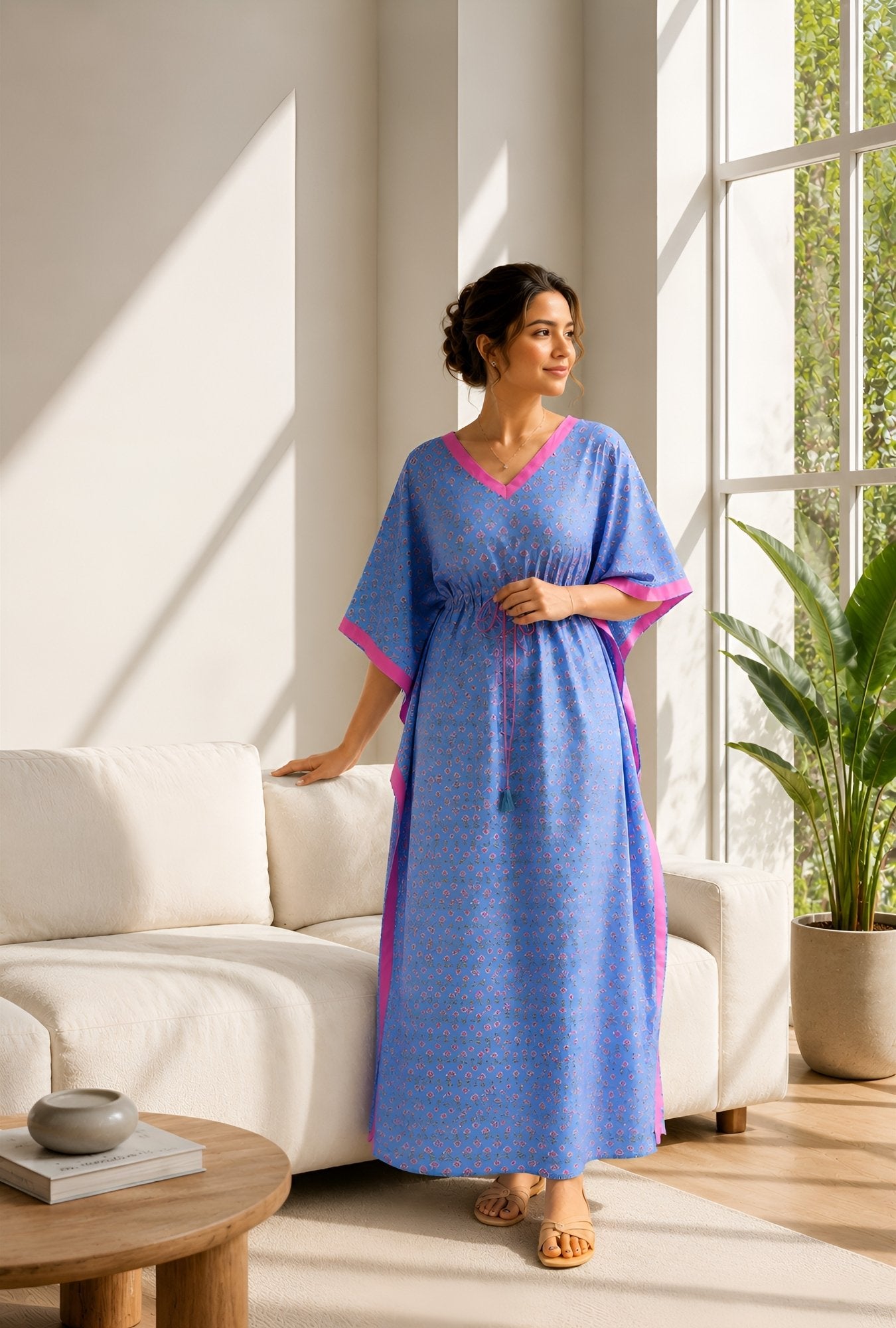 Anastya Blooming Breeze Sky Blue Cotton Loungewear Kaftan