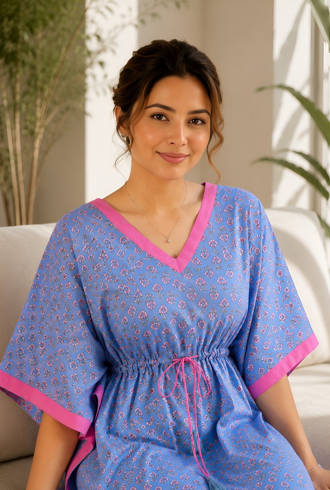 Anastya Blooming Breeze Sky Blue Cotton Loungewear Kaftan