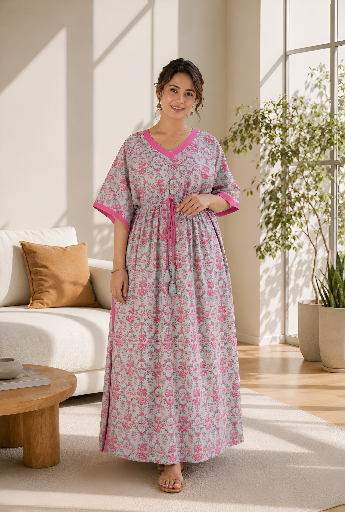 Anastya Rosy Bloom Mint Cotton Loungewear Kaftan