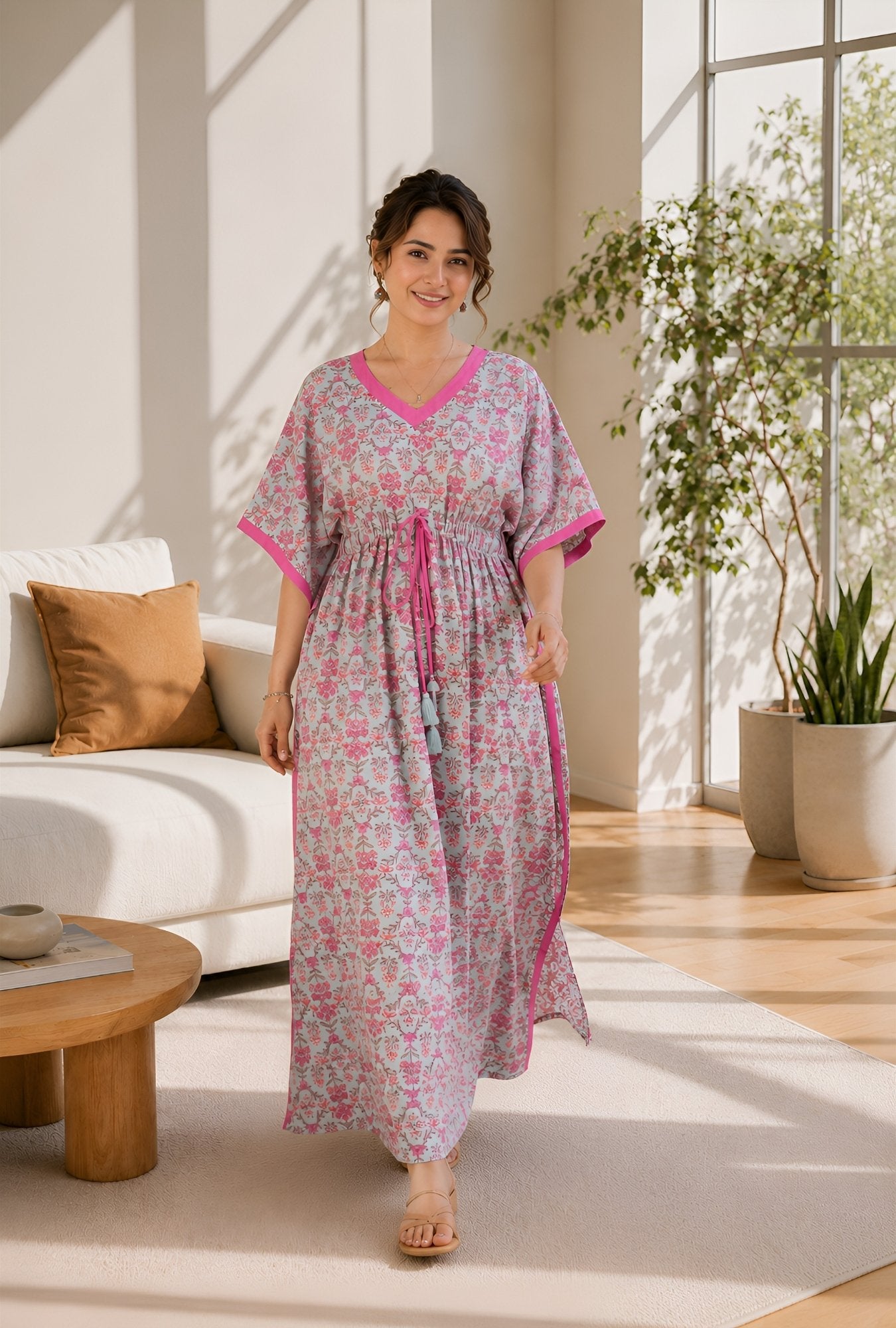 Anastya Rosy Bloom Mint Cotton Loungewear Kaftan