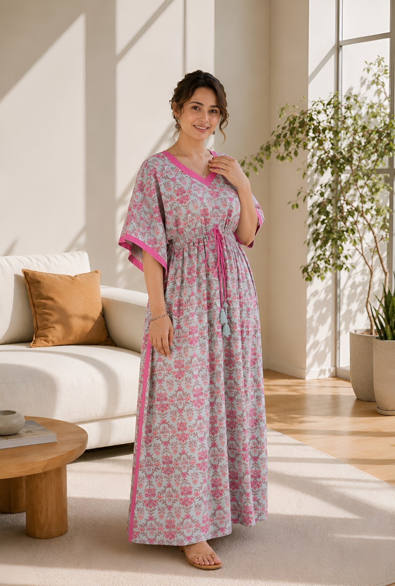Anastya Rosy Bloom Mint Cotton Loungewear Kaftan