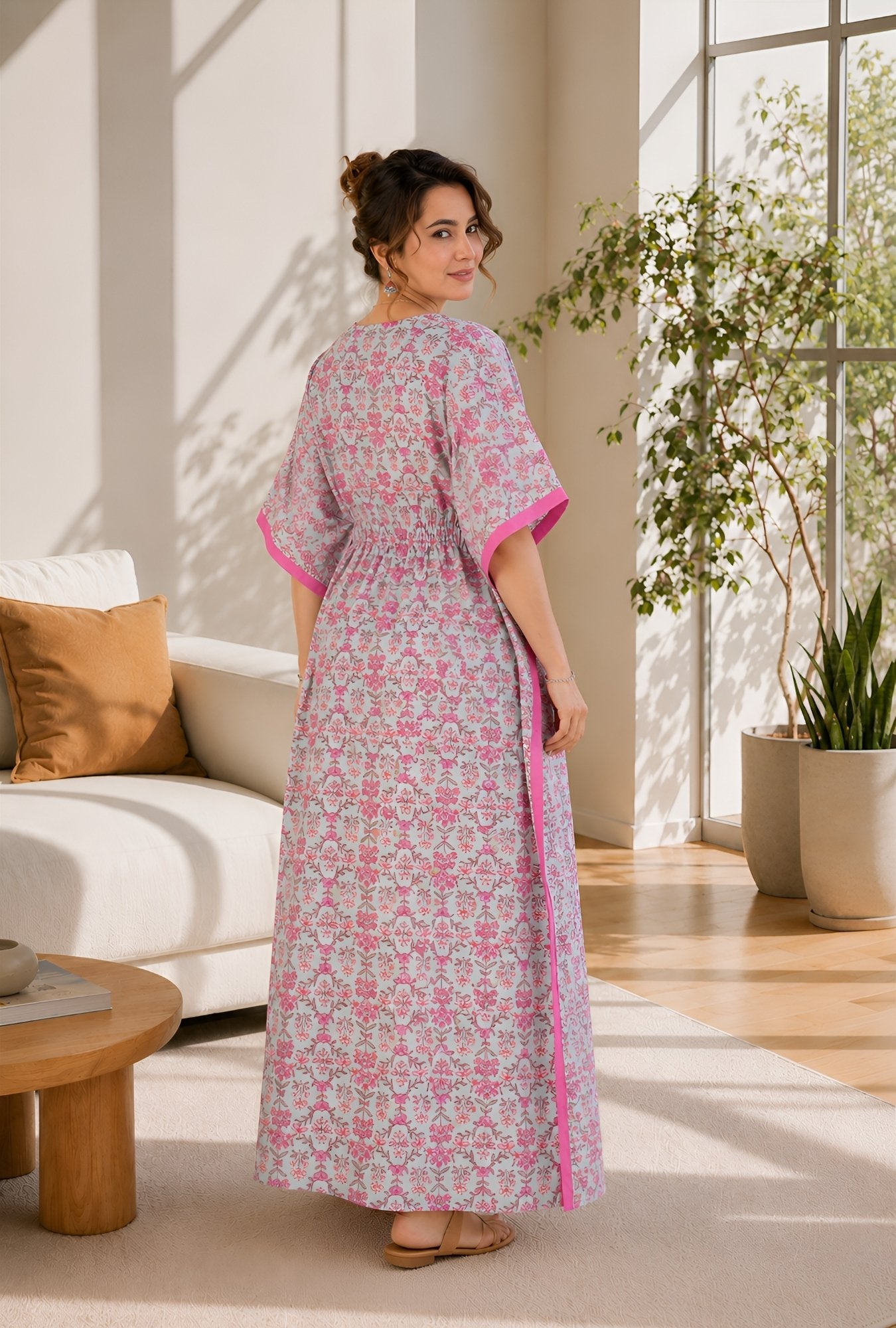 Anastya Rosy Bloom Mint Cotton Loungewear Kaftan