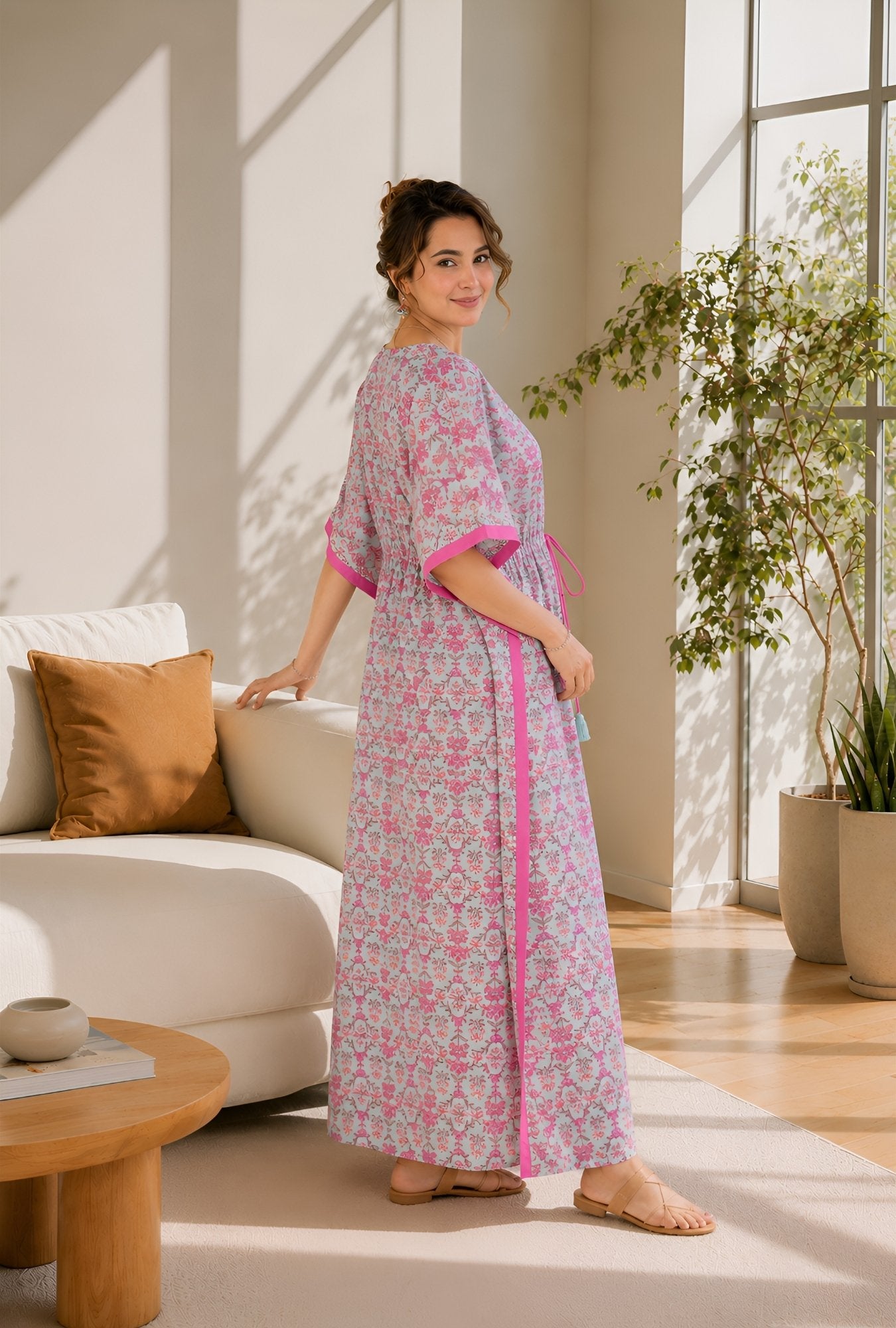 Anastya Rosy Bloom Mint Cotton Loungewear Kaftan