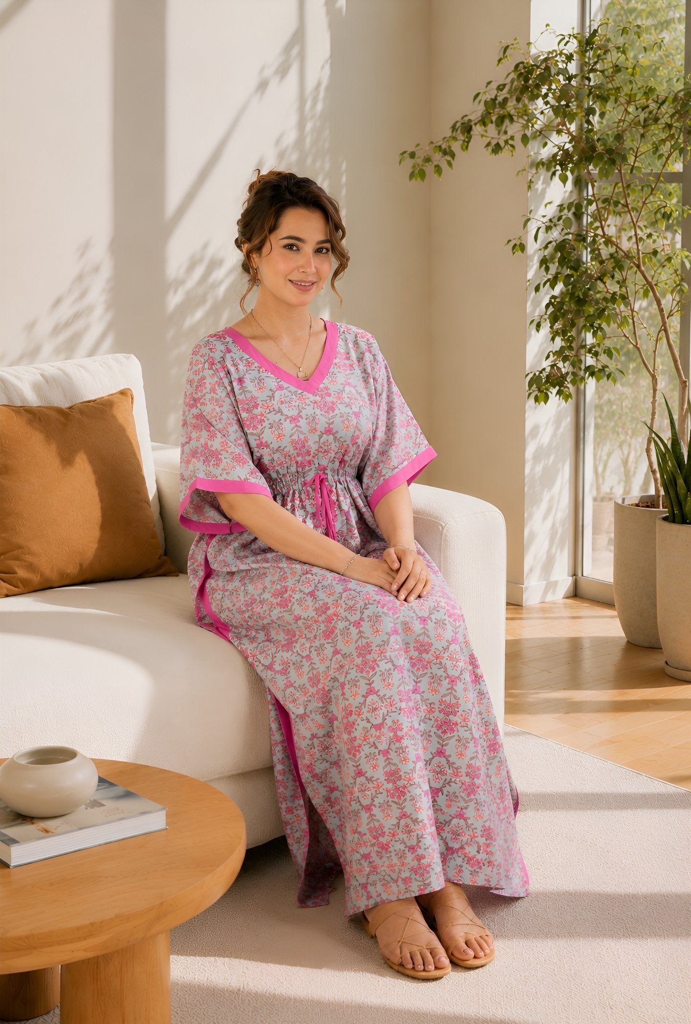 Anastya Rosy Bloom Mint Cotton Loungewear Kaftan