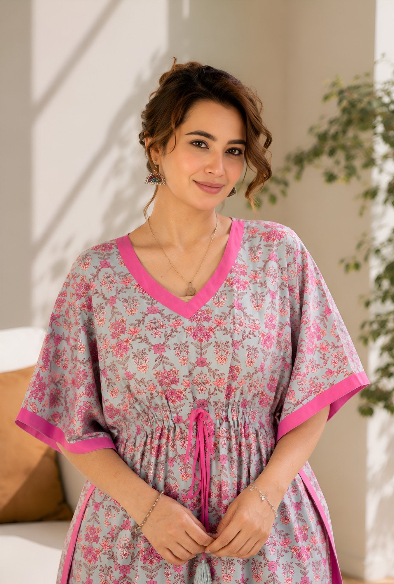 Anastya Rosy Bloom Mint Cotton Loungewear Kaftan