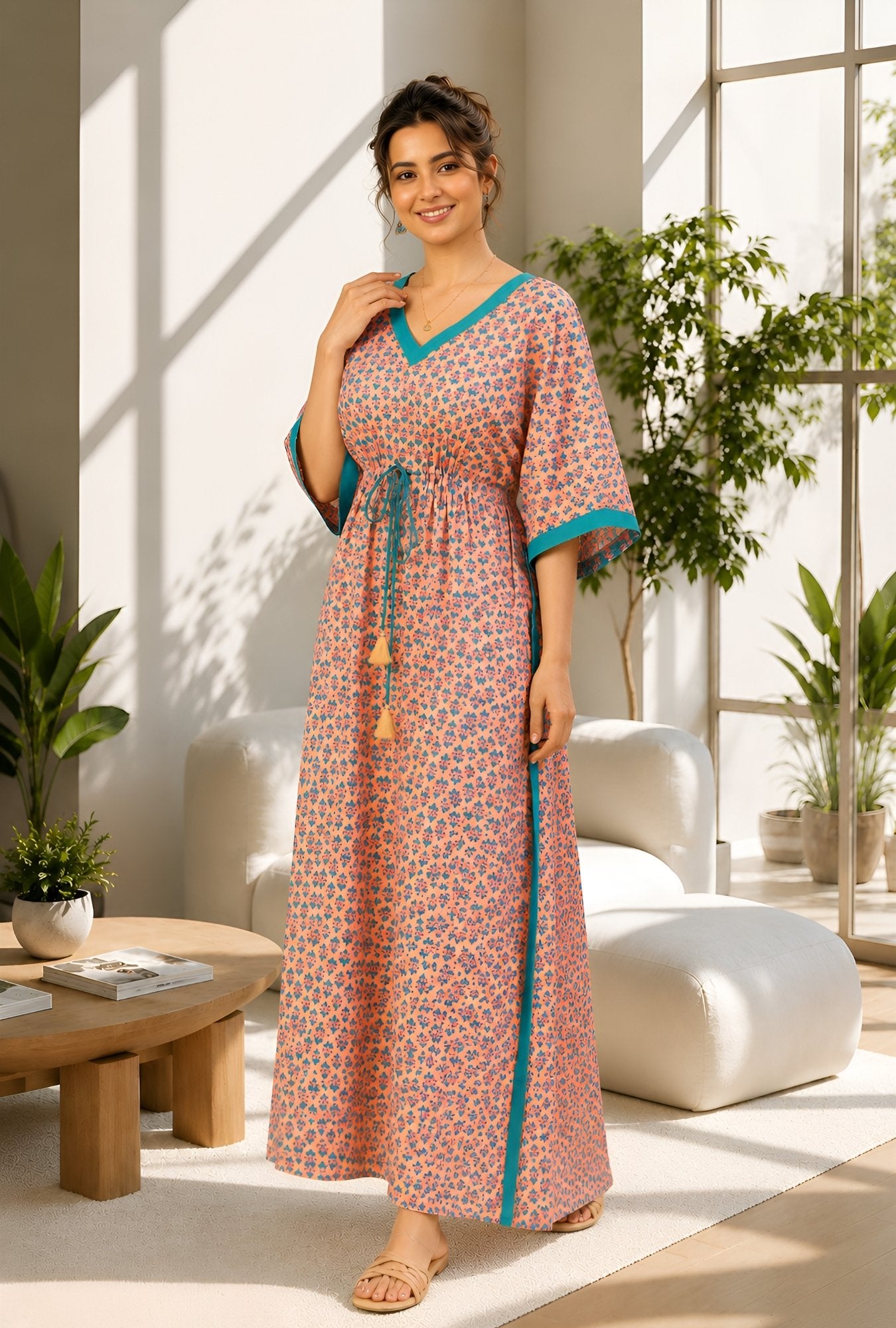 Anastya Peach Blossom Cotton Loungewear Kaftan