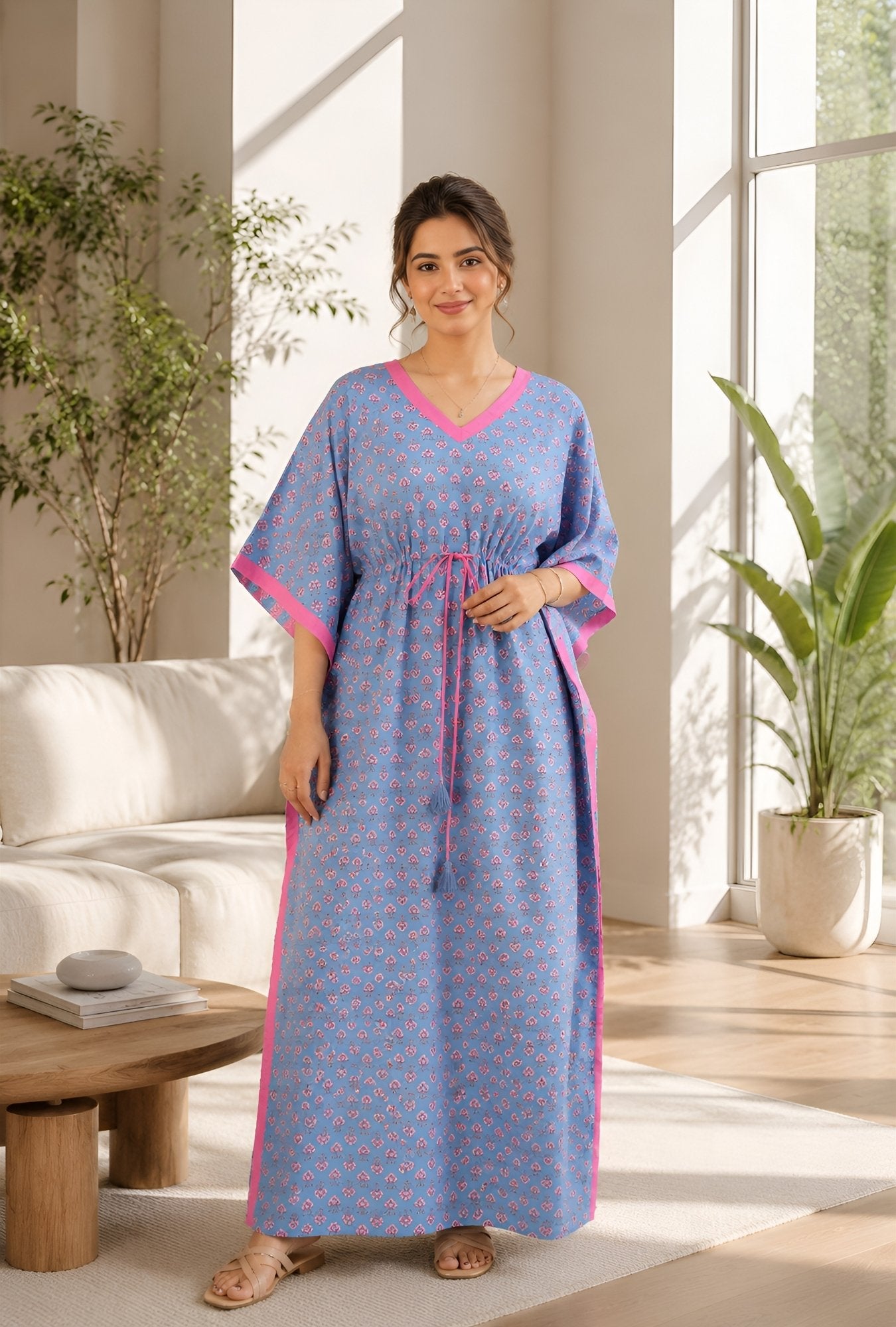Anastya Blooming Breeze Sky Blue Cotton Loungewear Kaftan